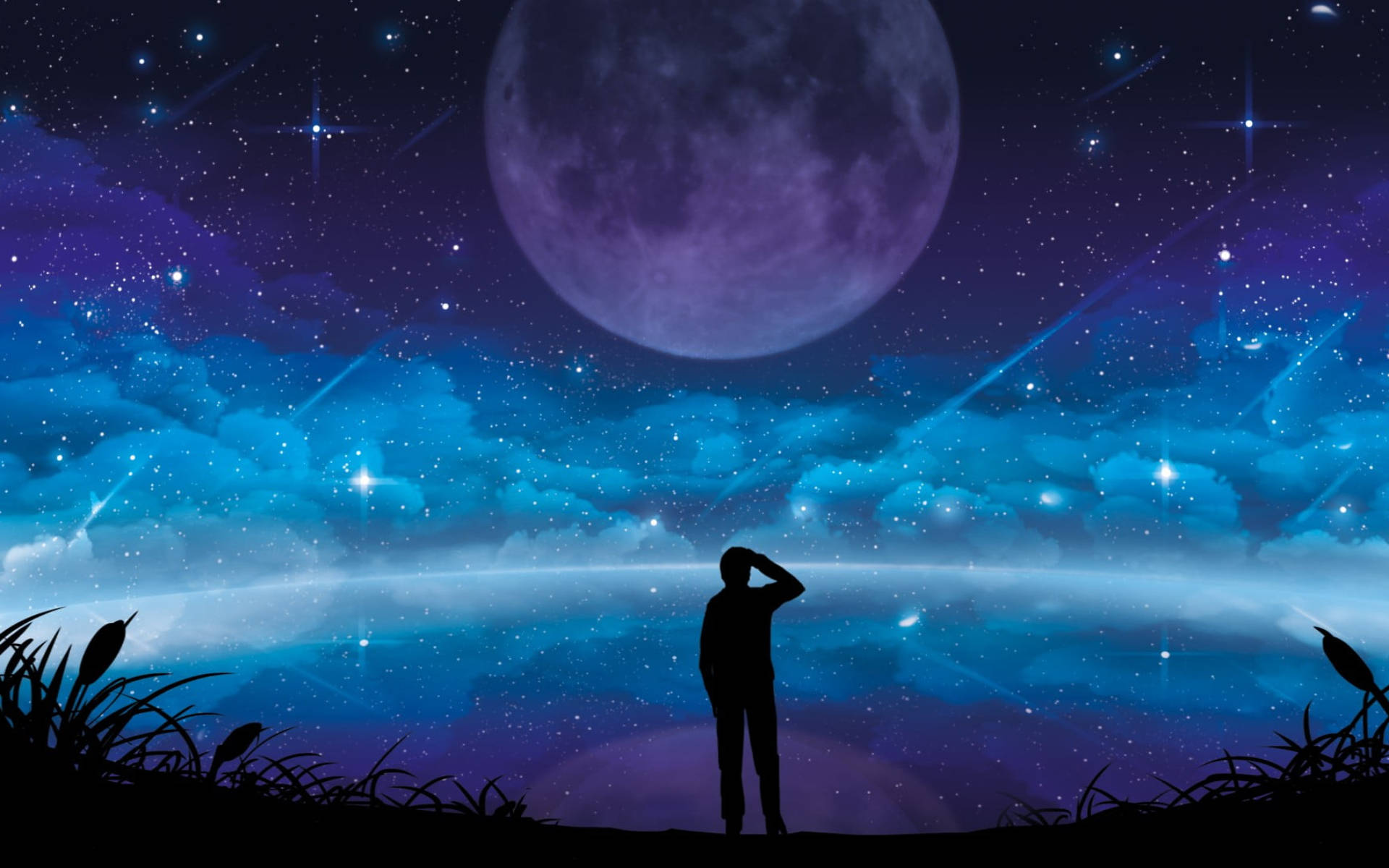 銀河月亮 桌布 壁紙 — 一個孤獨的身影在宇宙夜空下，敬畏地站在巨大的紫色月亮和流星之下。