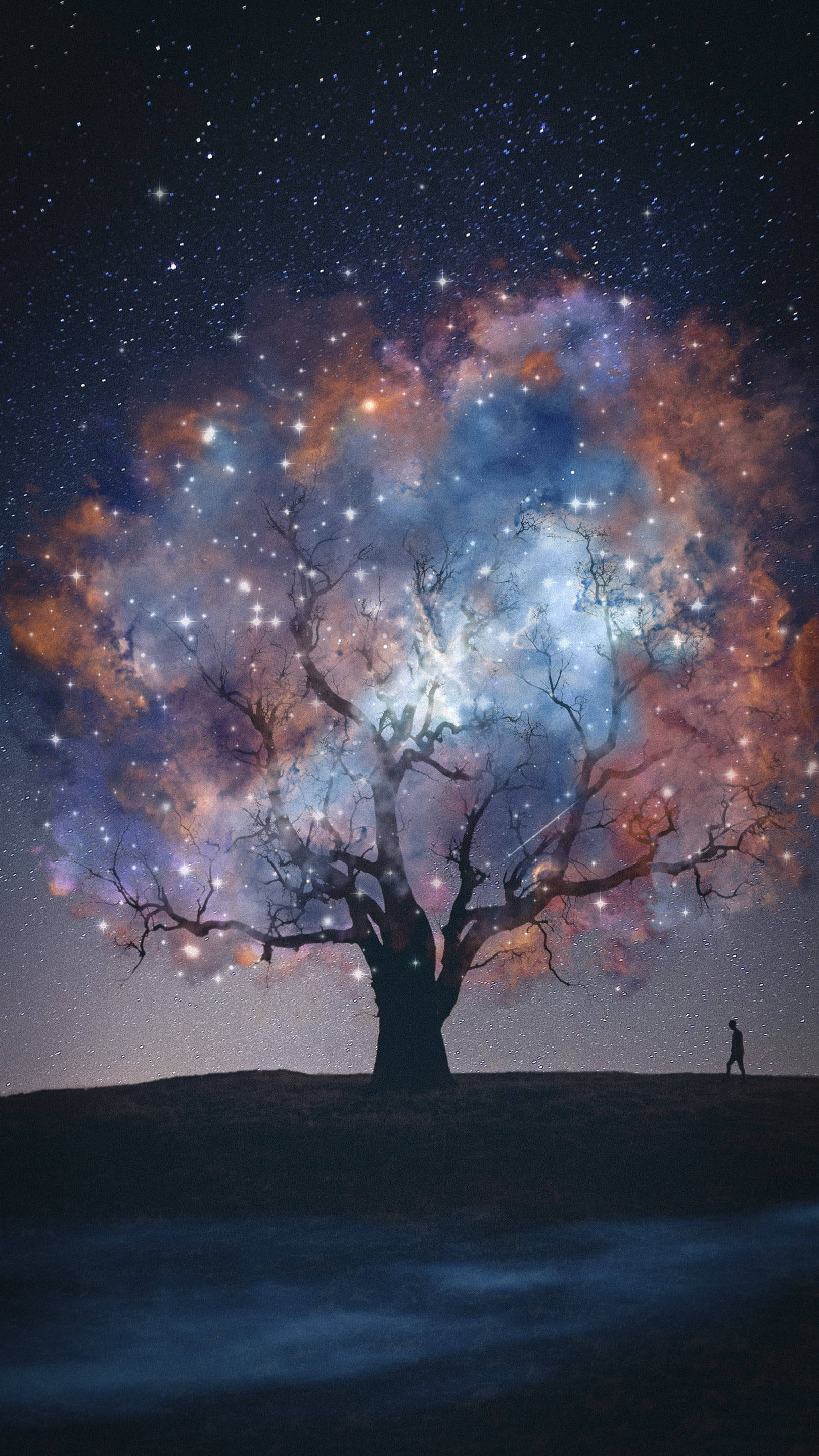 Tumblr iPhone 桌布 壁紙 — 一個孤獨的身影在宇宙樹下行走，樹枝內閃耀著星雲，背景是繁星點點的夜空。