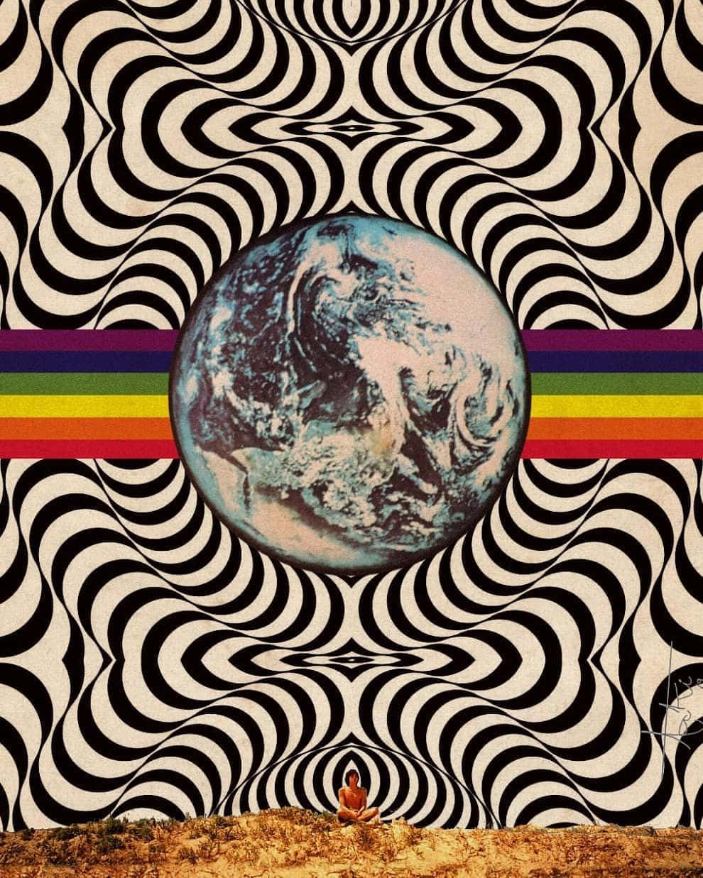 Retro 70s Aesthetic 桌布 壁紙 — 一個孤獨的身影在山丘上冥想，上方是迷幻的黑白波浪圖案，帶有彩虹條紋和中央的地球儀。