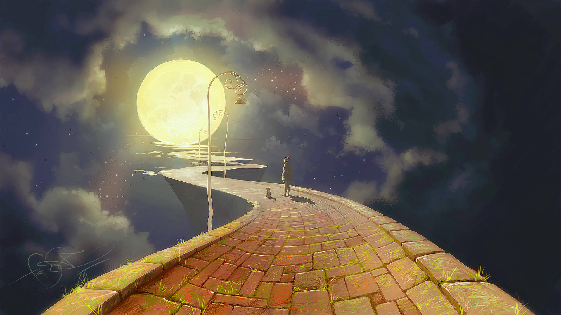 Moon Night Sky 桌布 壁紙 — 一個孤獨的身影在巨大發光的月亮下，穿過星空雲層，沿著蜿蜒的磚路行走，身旁有一隻貓。