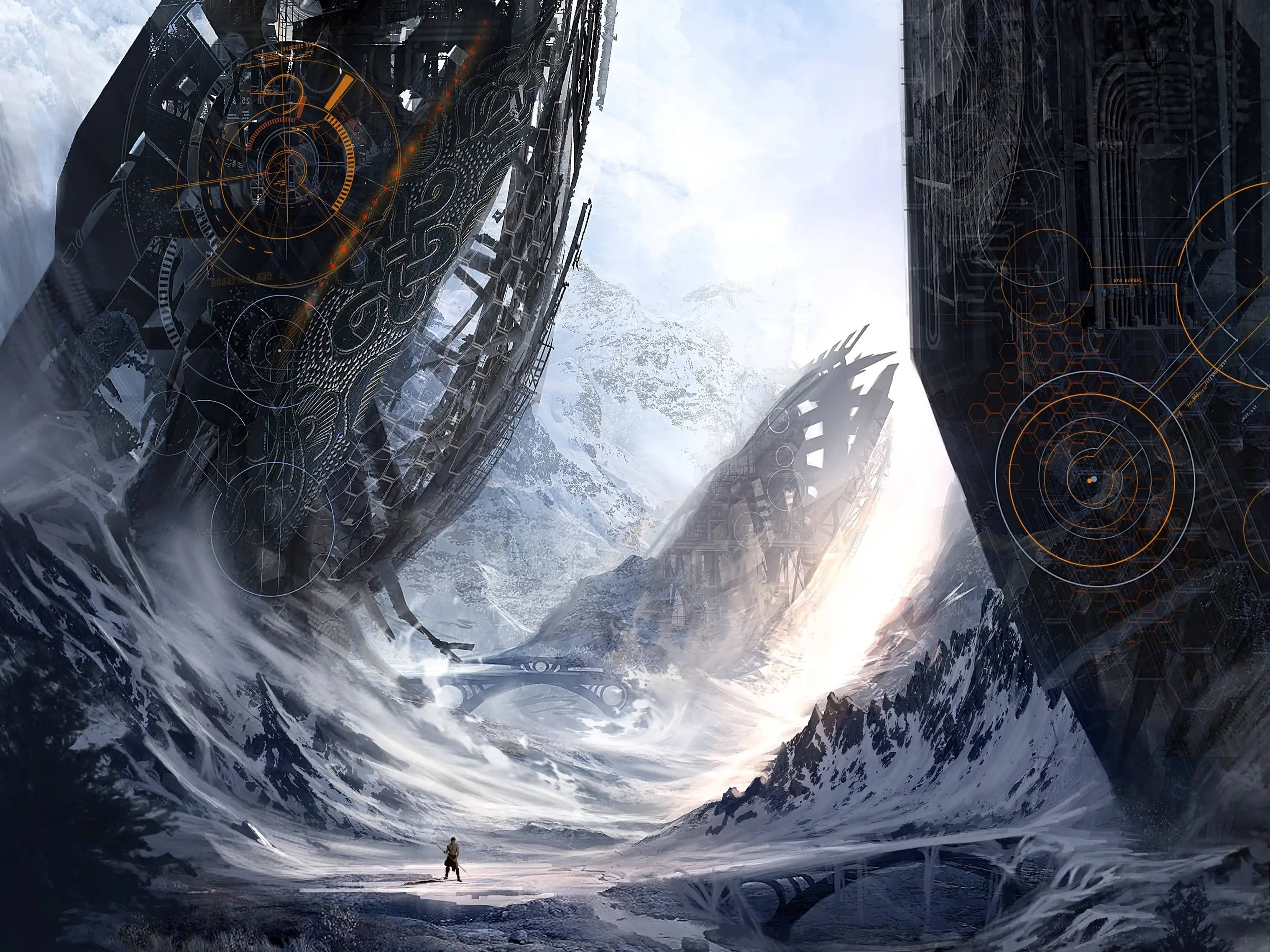 Sci Fi Landscape 桌布 壁紙 — 一個孤獨的身影在巨大的未來機械結構下敬畏地站立，這些結構聳立在白雪覆蓋的山谷之上。