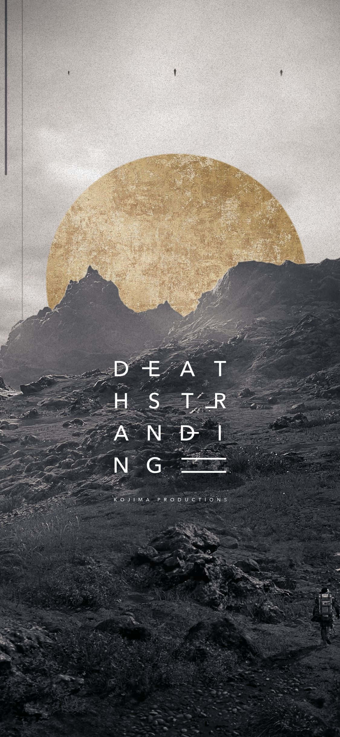 iPhone X Death Stranding 桌布 壁紙 — 一個孤獨的身影在巨大紋理金色太陽下走過荒涼的岩石景觀。