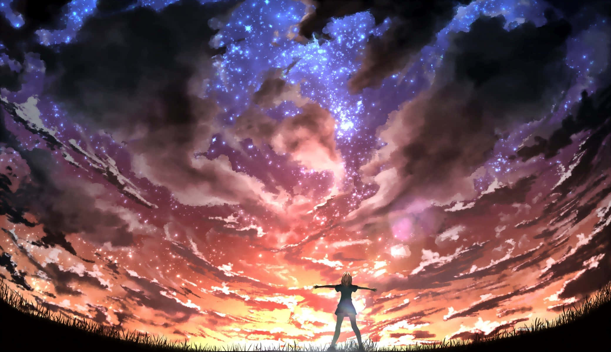Your Lie In April 桌布 壁紙 — 一個孤獨的身影在廣闊、旋轉的星空和宇宙雲層（鮮豔的紫色和橙色）下張開雙臂站立。