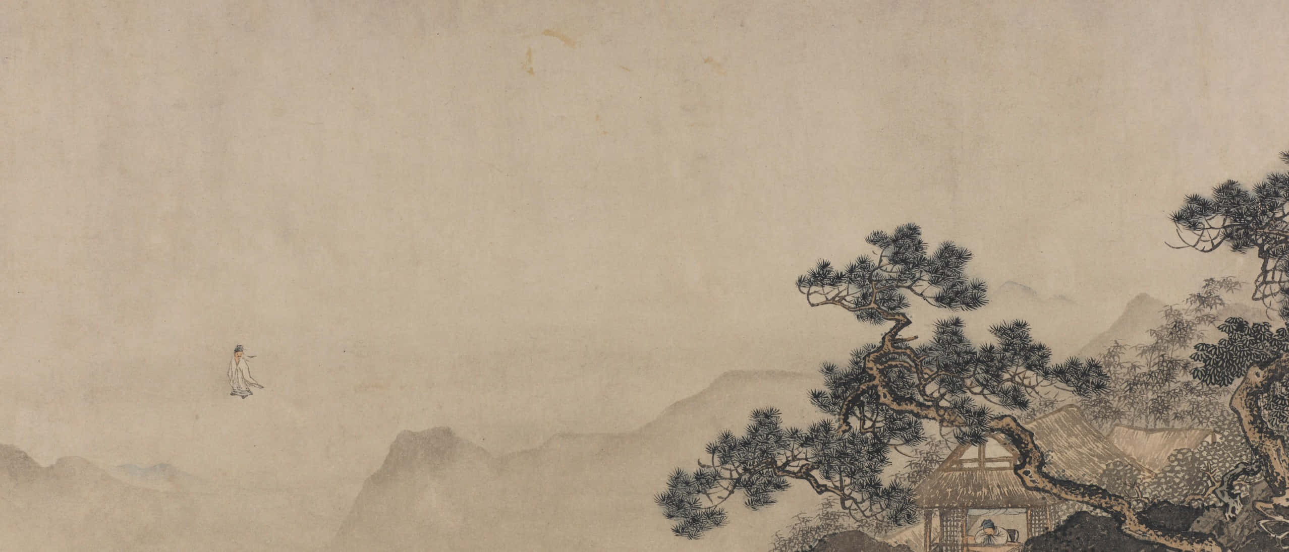 中文 桌布 壁紙 — 一個孤獨的身影在廣闊的天空下，走過迷霧籠罩的山巒，旁邊有一棵彎曲的松樹和一個木製亭子。