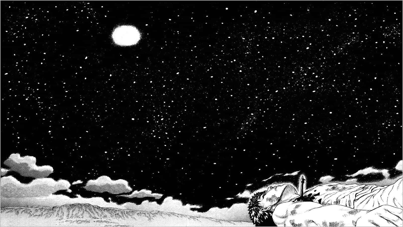 Berserk Manga 桌布 壁紙 — 一個孤獨的身影在廣闊的星空下入睡，上方有明亮的月亮，下方有雲層。