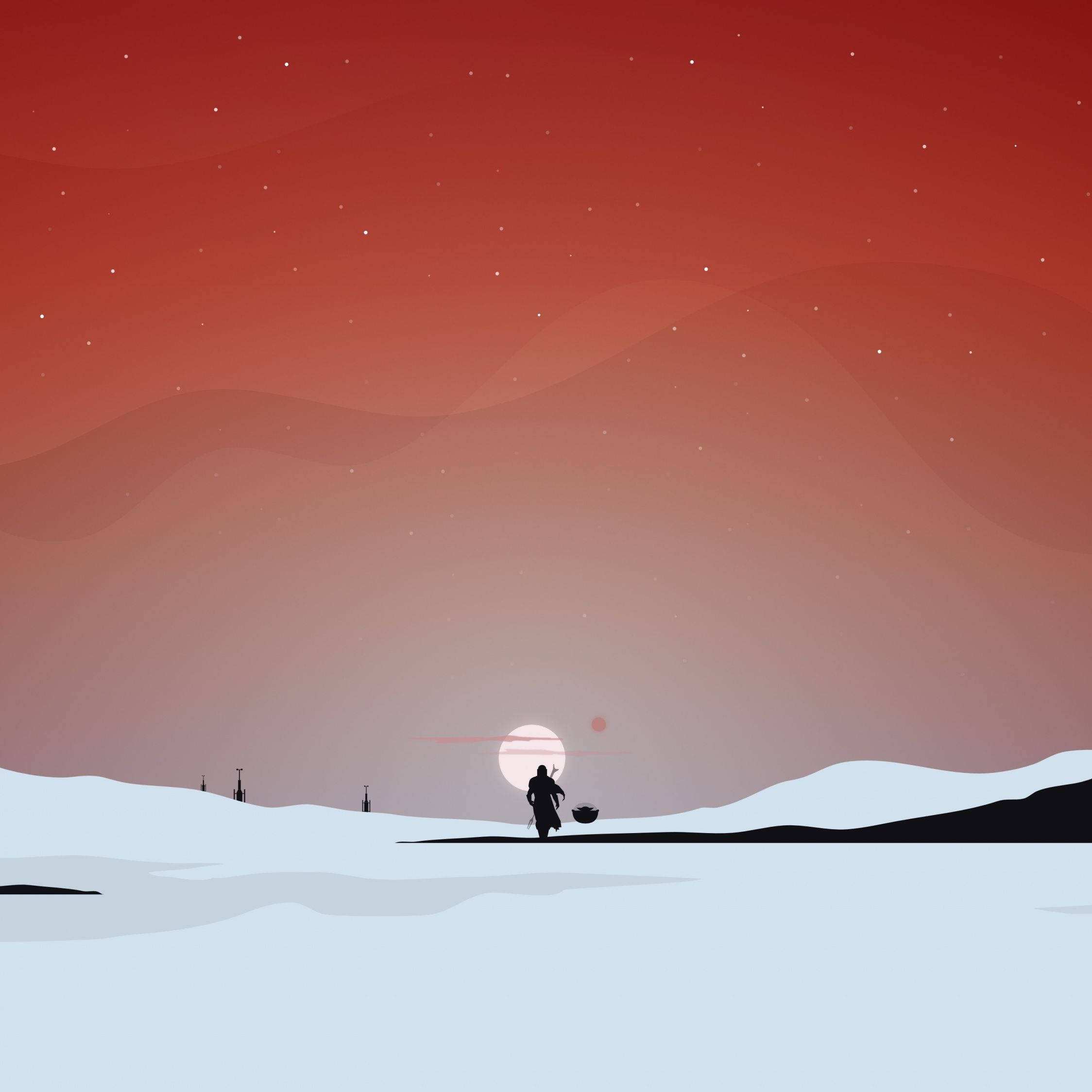 Star Wars iPad 桌布 壁紙 — 一個孤獨的身影在廣闊的紅色星空下走過雪原，地平線上有發光的太陽。