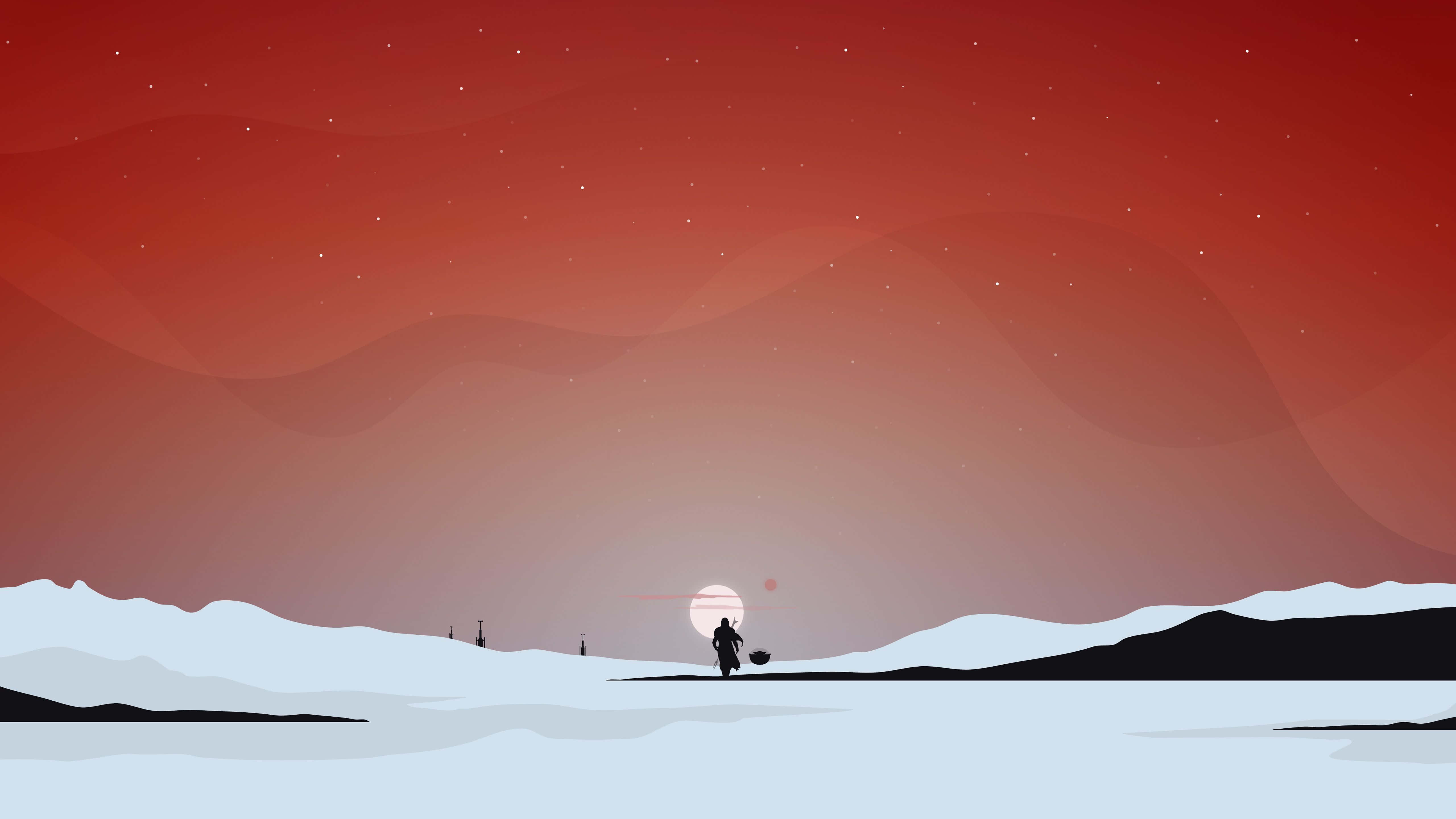 Minimal Art 桌布 壁紙 — 一個孤獨的身影在廣闊的紅色星空和發光的月亮下走過雪原。