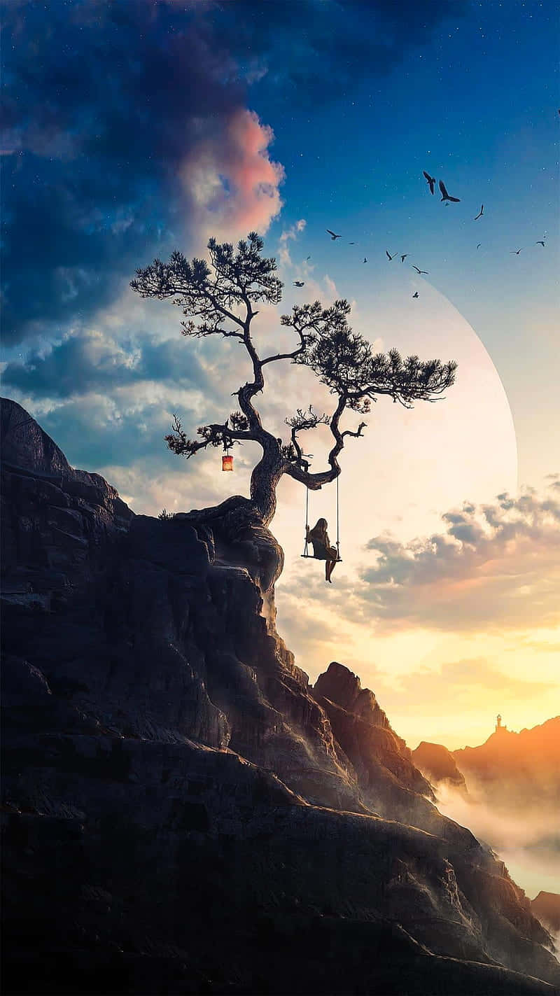 風景 桌布 壁紙 — 一個孤獨的身影在懸崖邊一棵彎曲的樹下盪鞦韆，一輪巨大的月亮在他們身後升起，將溫暖的光芒灑在霧氣瀰漫的山巒上。