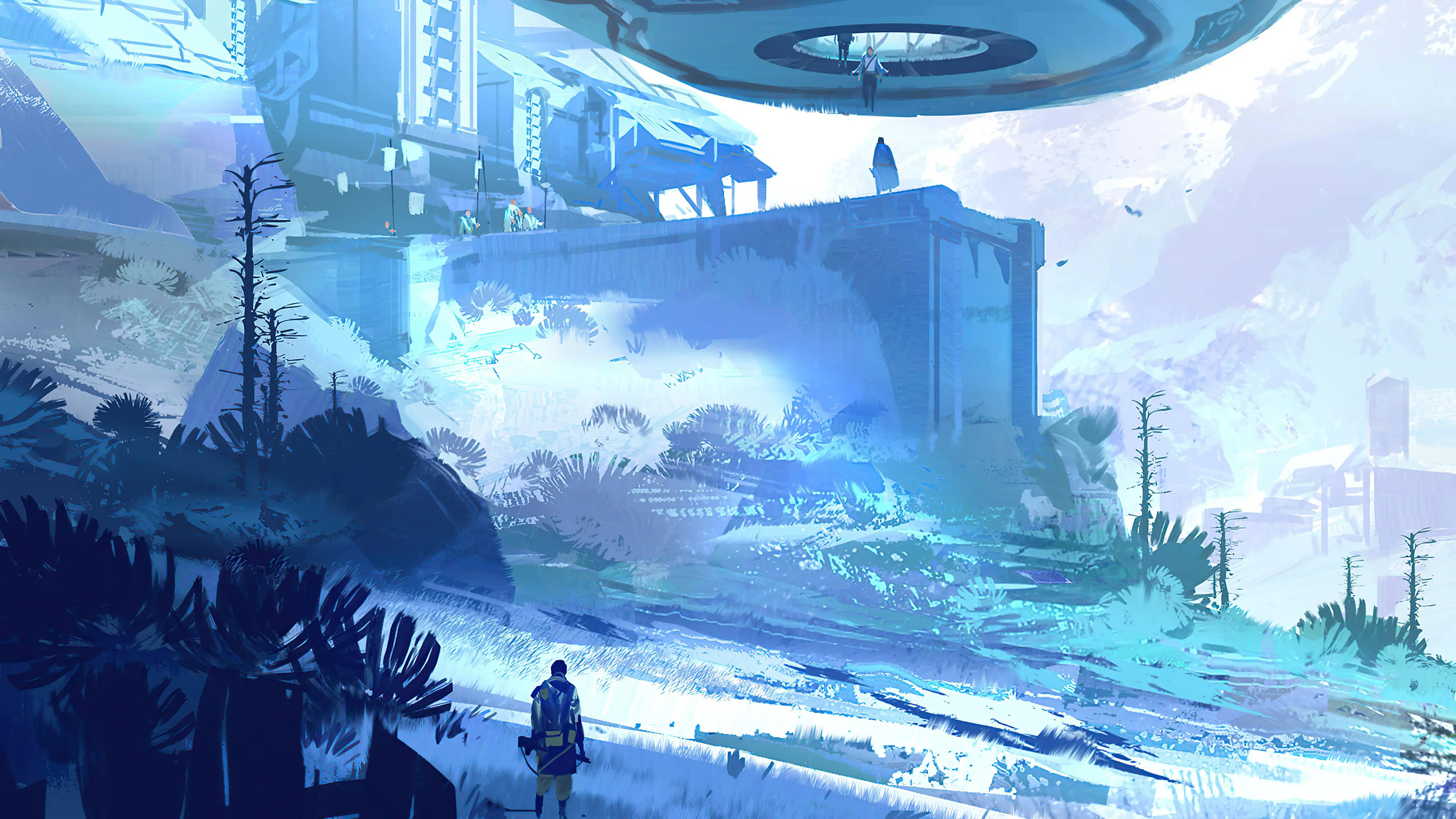 Sci Fi Landscape 桌布 壁紙 — 一個孤獨的身影在懸浮的未來結構下，穿過超現實的藍色外星景觀。