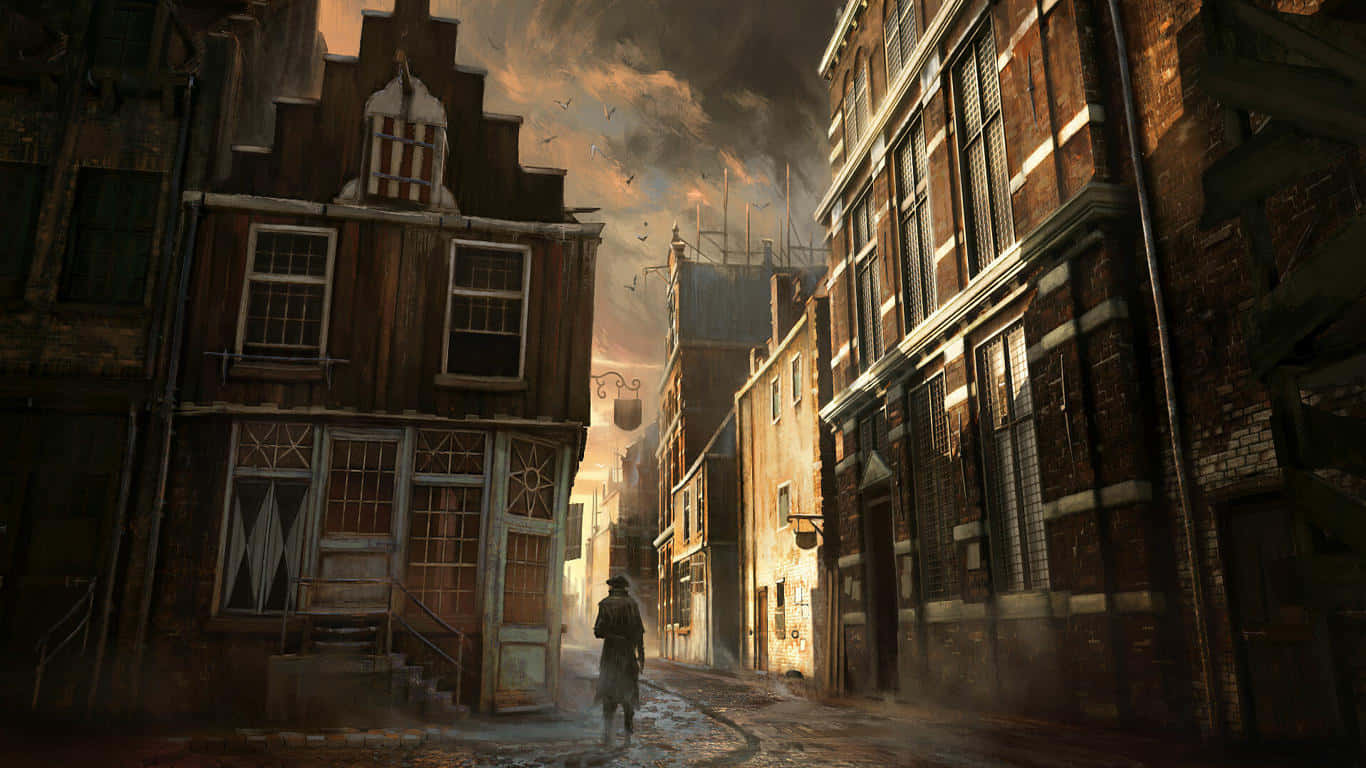 1366x768 Greedfall 桌布 壁紙 — 一個孤獨的身影在戲劇性的多雲天空下，沿著高聳風化磚建築之間一條狹窄、被雨水打濕的小巷行走。