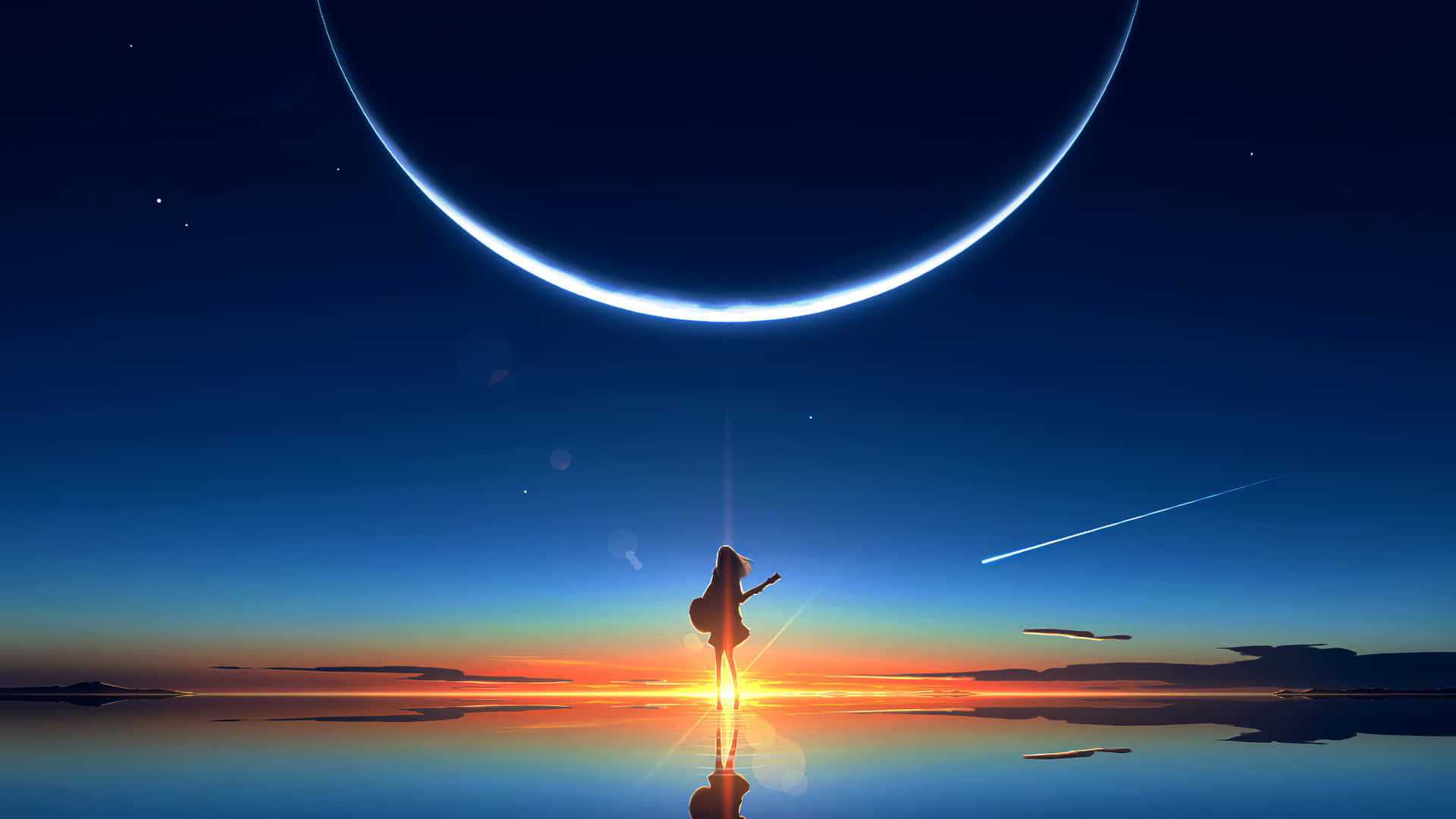 4K Anime Space 桌布 壁紙 — 一個孤獨的身影在日落時分，在發光的彎月下，於反射的水面上彈奏吉他。