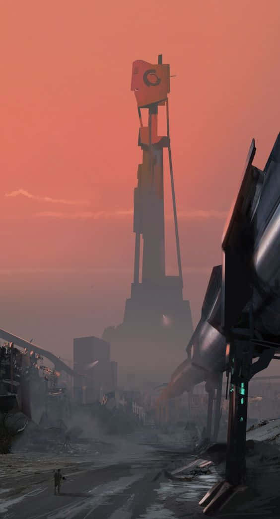 Half Life 2 桌布 壁紙 — 一個孤獨的身影在日落時分走過廢墟中的未來城市，經過一座高聳的破碎紀念碑，天空是朦朧的橙色。