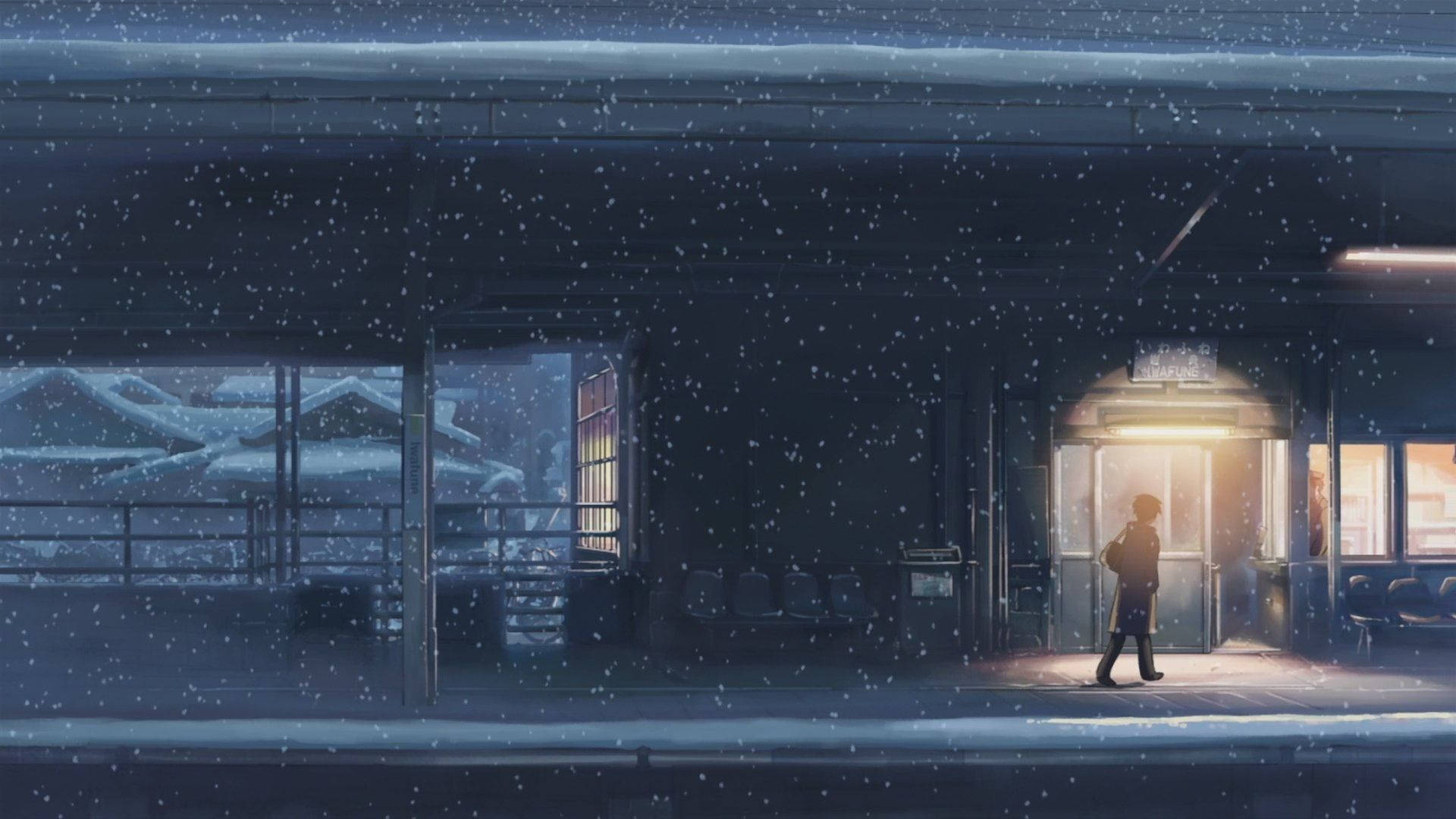 動漫女孩 桌布 壁紙 — 一個孤獨的身影在昏暗的火車站中穿過雪地，敞開的門透出溫暖的光芒。