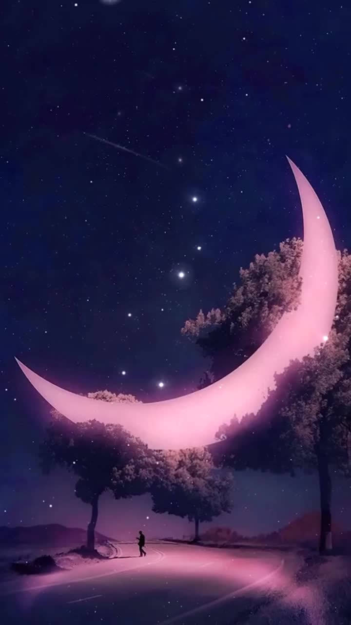 Crescent 桌布 壁紙 — 一個孤獨的身影在星光燦爛的夜空下，沿著蜿蜒的道路行走，上方是巨大的發光新月，被樹木環繞。