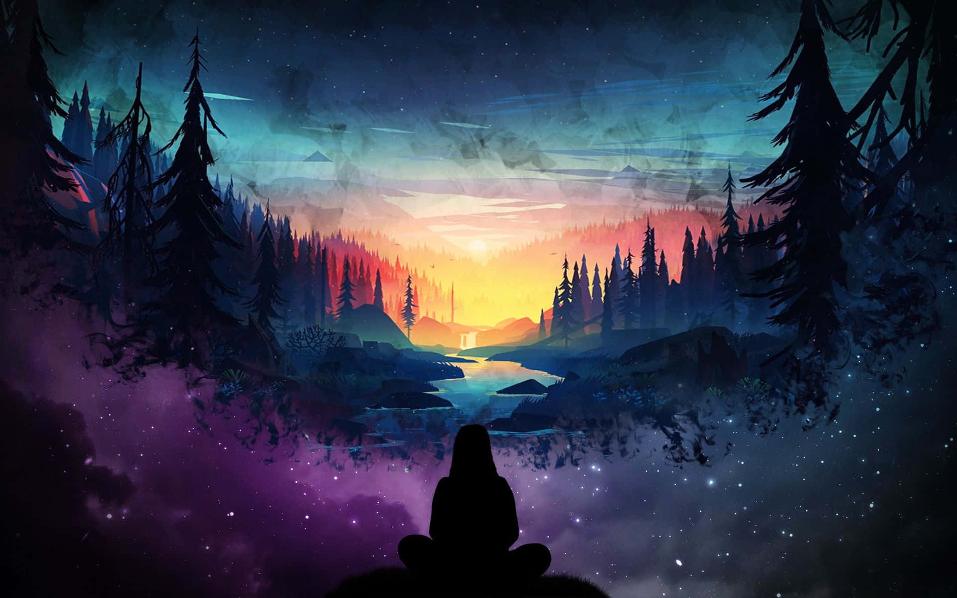 夢幻 桌布 壁紙 — 一個孤獨的身影在星光燦爛的暮色天空下以剪影冥想，一條發光的河流蜿蜒穿過松樹林。