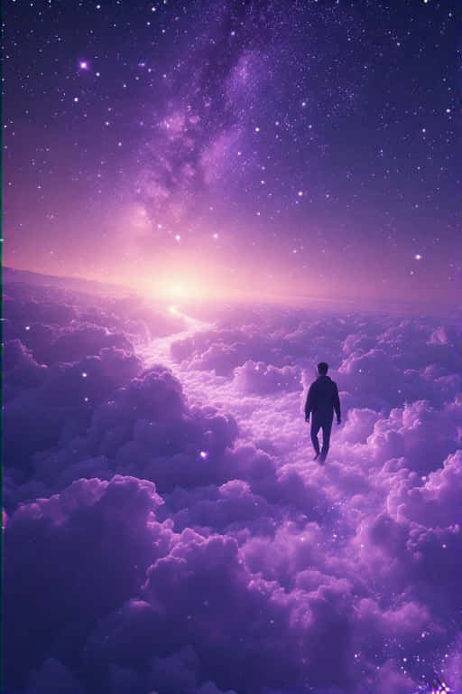 Starlit Journey Walking the Cloud Path 壁紙 — 一個孤獨的身影在星光閃爍的宇宙天空下，行走在發光的紫色雲層上，朝向一道耀眼的光芒。