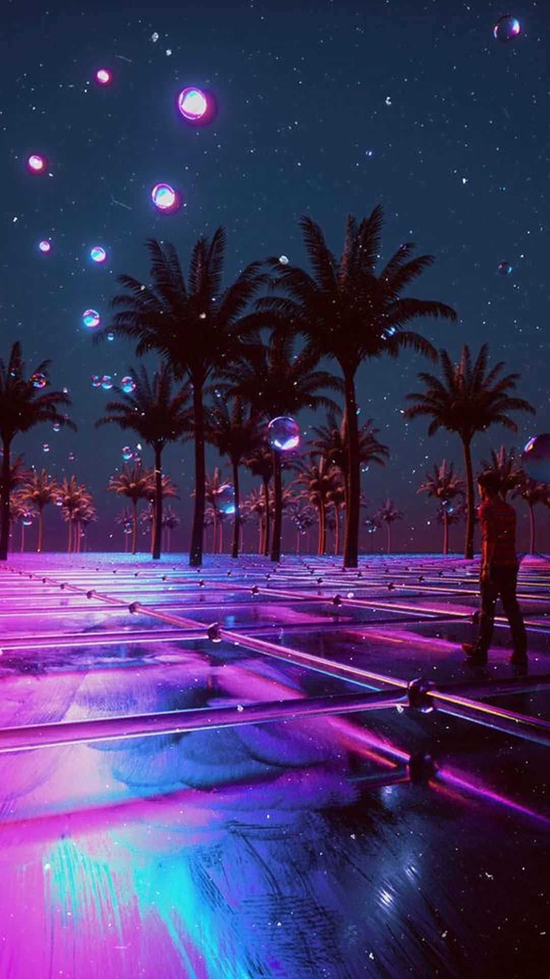 Vaporwave iPhone 桌布 壁紙 — 一個孤獨的身影在星空下，在發光的霓虹格柵上行走，周圍有漂浮的氣泡和棕櫚樹。