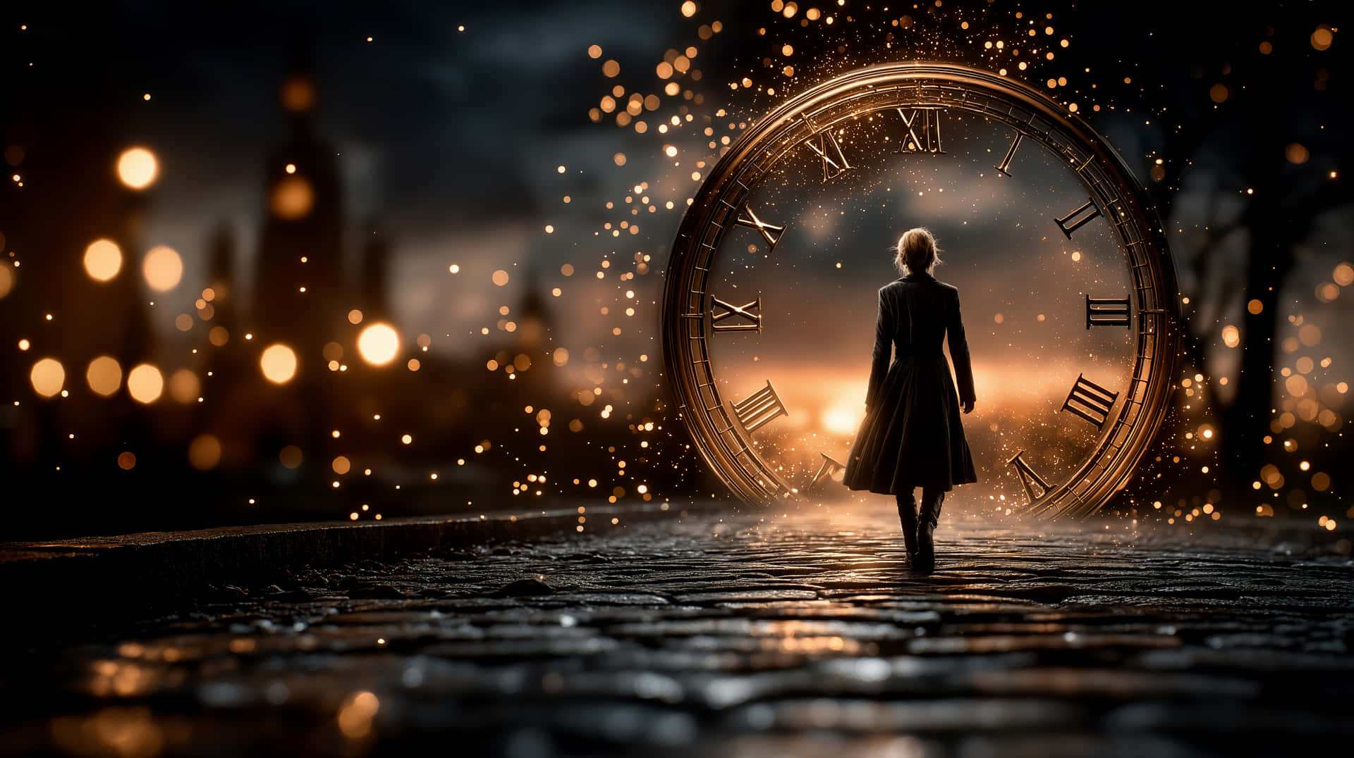 Woman Walking Towards Grand Luminous Clock in Urban Night 壁紙 — 一個孤獨的身影在星空下，沿著鵝卵石小徑走向一個巨大的發光鐘面，背景有散景燈光。