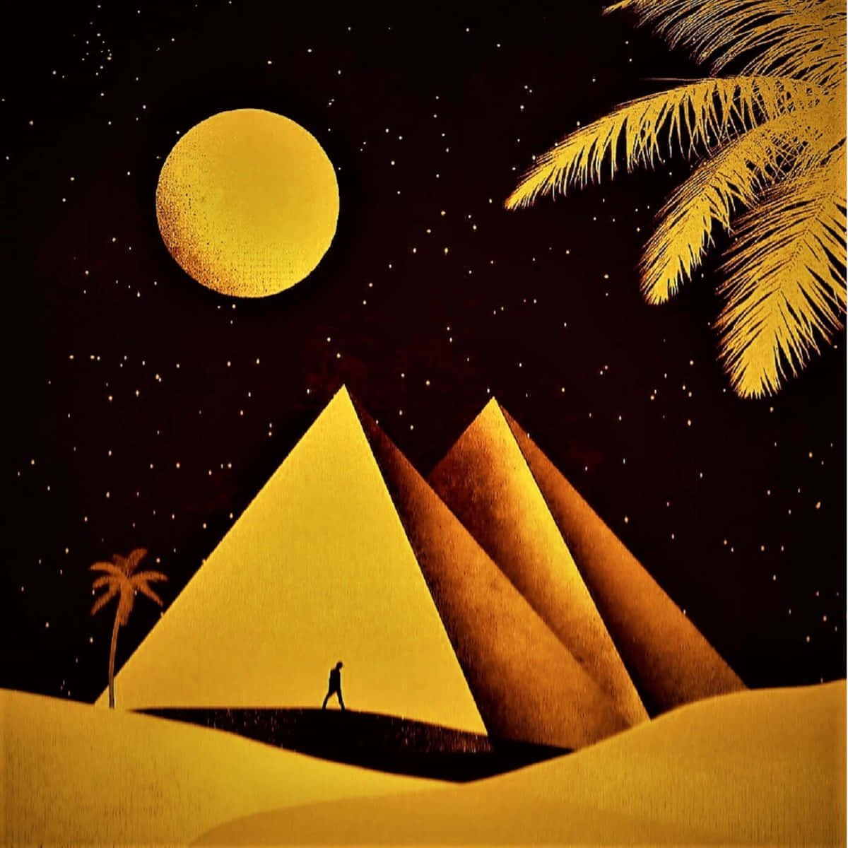 Moon Aesthetic 桌布 壁紙 — 一個孤獨的身影在星空下，走過巨大的金色月亮旁邊，旁邊是發光的金字塔和棕櫚樹。
