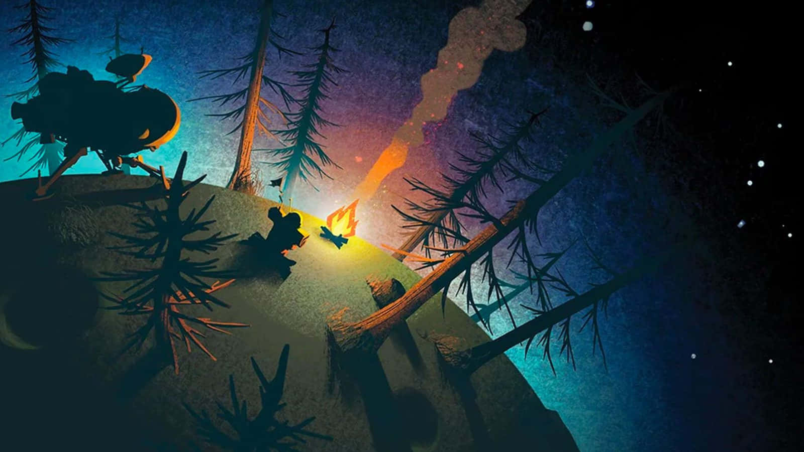 Outer Wilds 桌布 壁紙 — 一個孤獨的身影在星空下照料營火，周圍是松樹的剪影和遠處的火箭船。