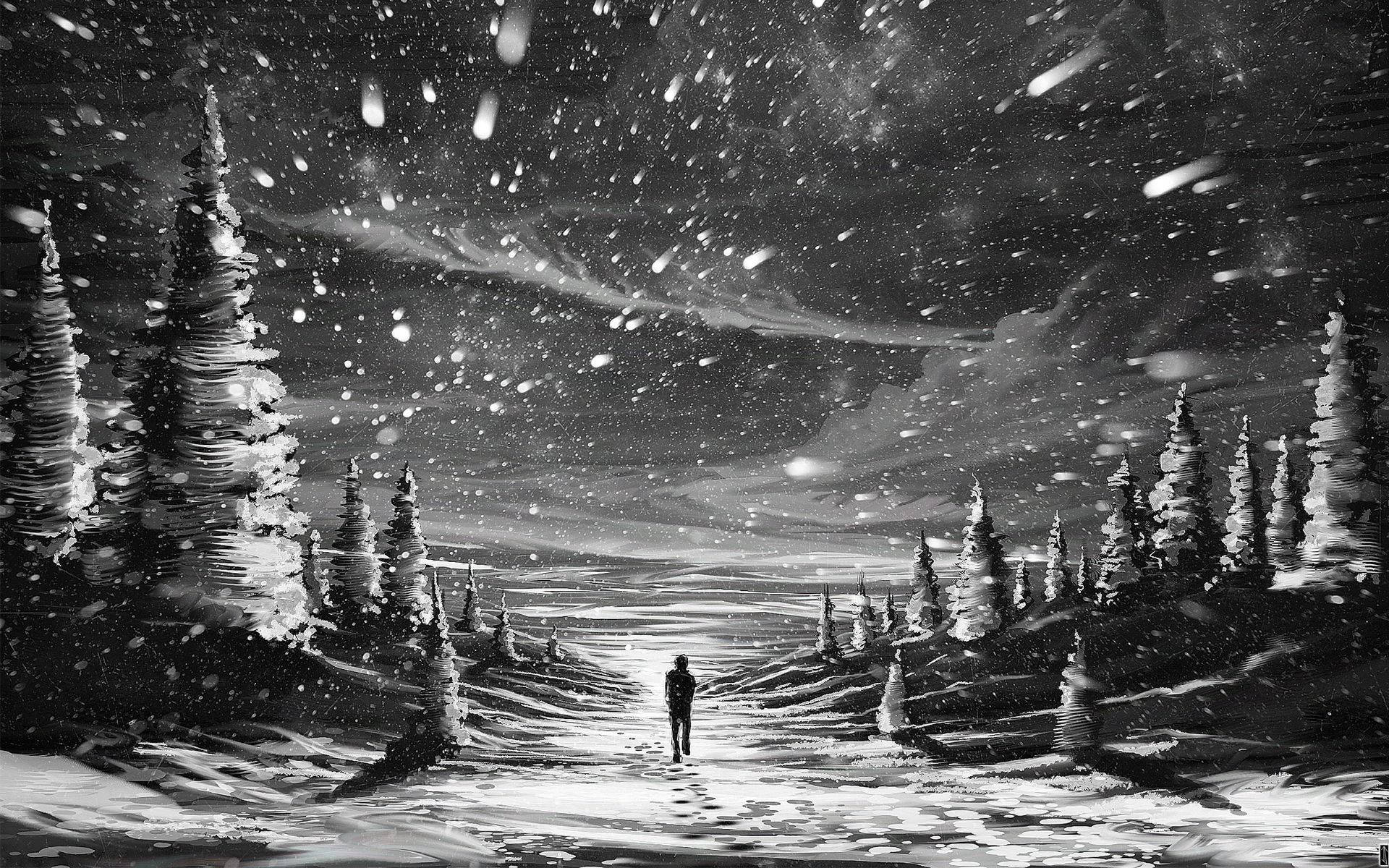 森林 桌布 壁紙 — 一個孤獨的身影在星空下穿過雪地森林，飄雪和彗星般的條紋。