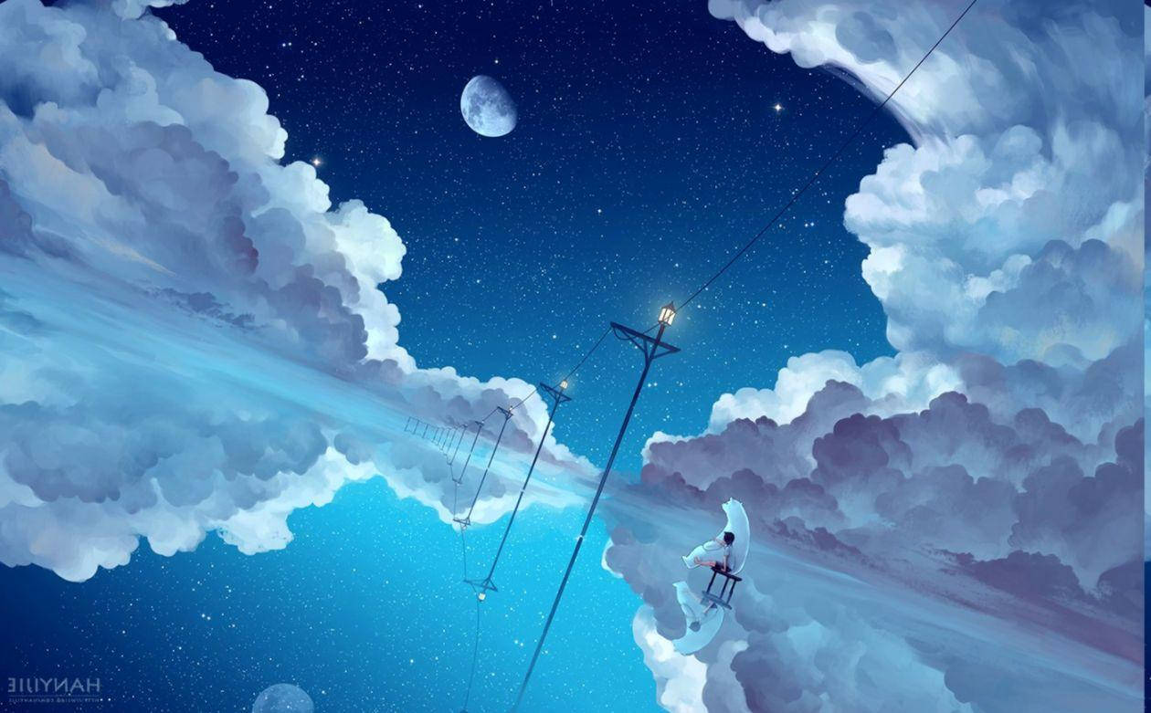 一個人在星空夜空中，在雲上衝浪，伴隨著街燈和新月。 — 動畫風景 壁紙