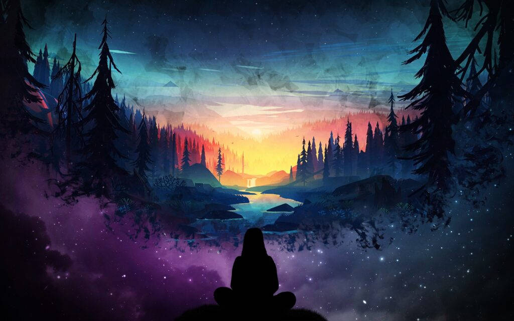 美學藝術 桌布 壁紙 — 一個孤獨的身影在星空暮色下以剪影冥想，一條發光的河流蜿蜒穿過松樹林。