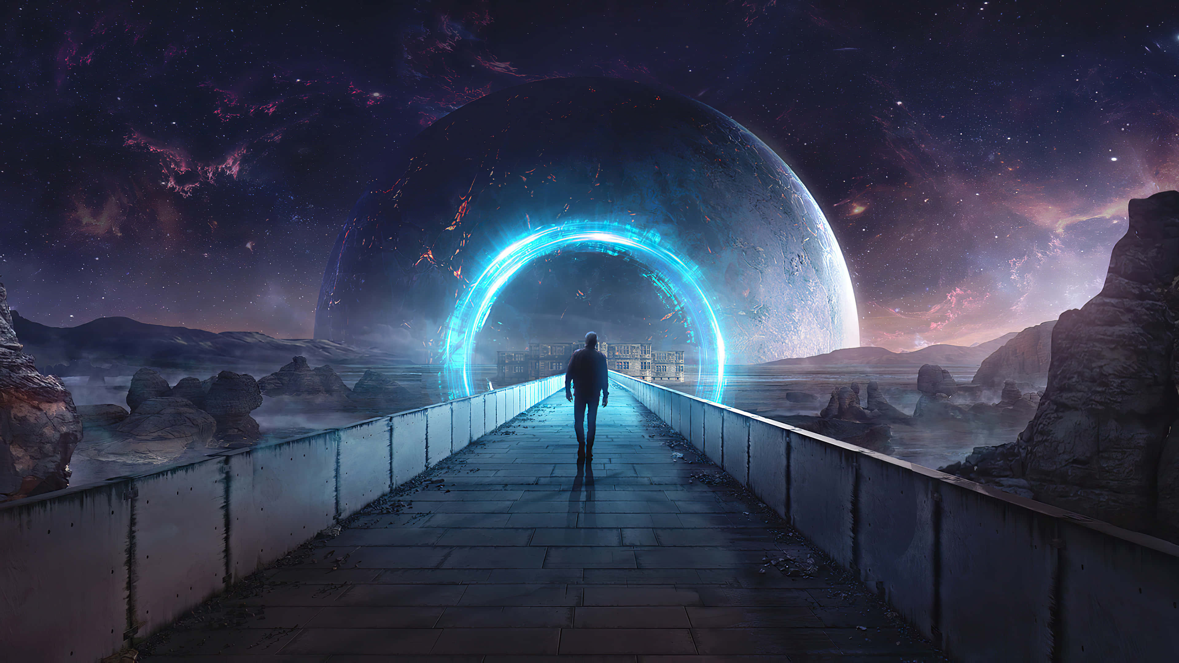 4K 桌布 壁紙 — 一個孤獨的身影在星空紫色天空下的宇宙景觀中，走向一個發光的藍色傳送門。