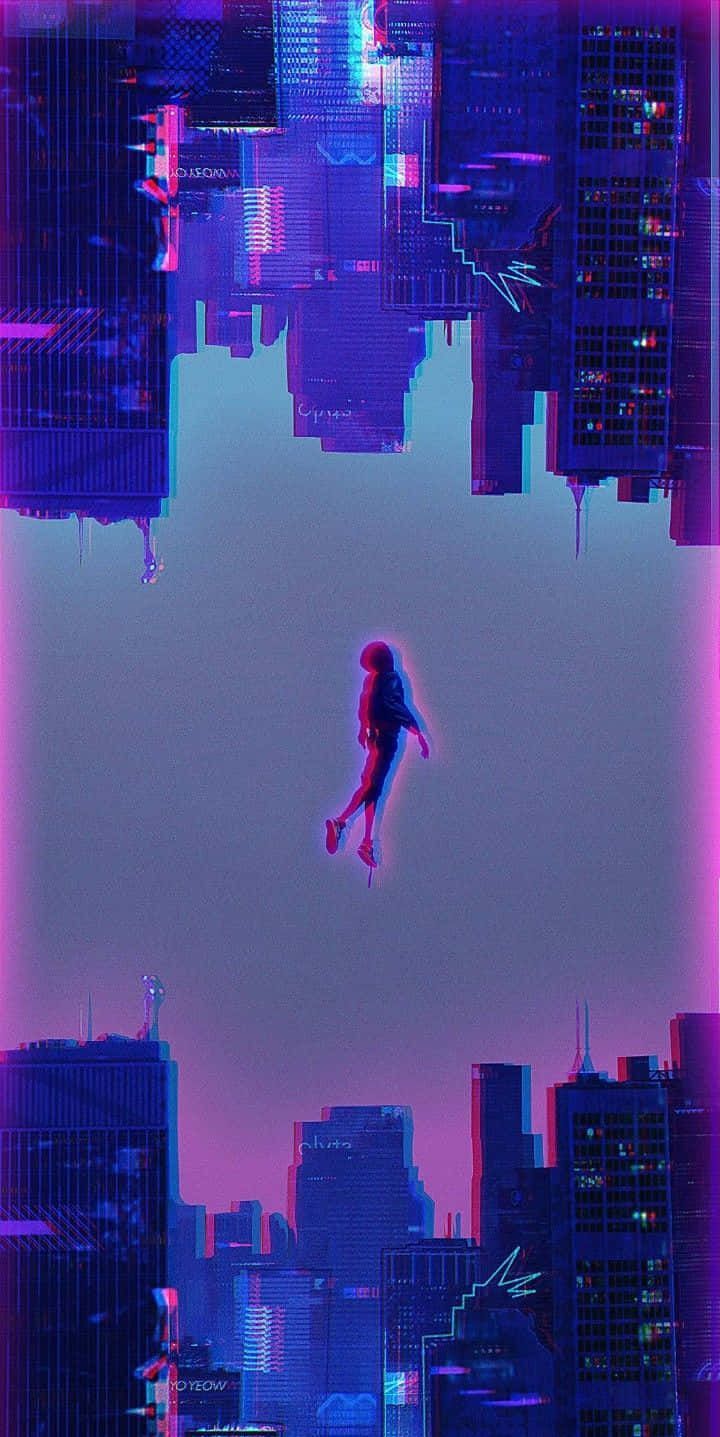 falling 桌布 壁紙 — 一個孤獨的身影在暮色天空下，漂浮在鏡像霓虹城市景觀之間，帶有故障效果。