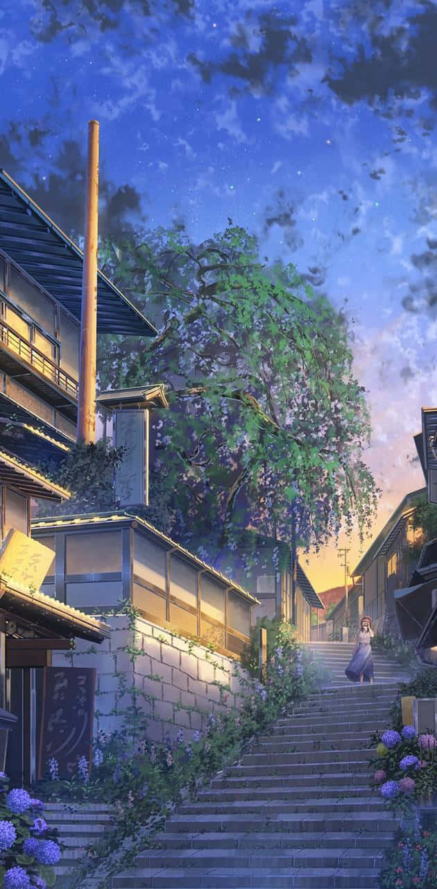 Aesthetic Anime 桌布 壁紙 — 一個孤獨的身影在暮色天空下登上石階，紫色的繡球花在傳統木屋旁盛開。