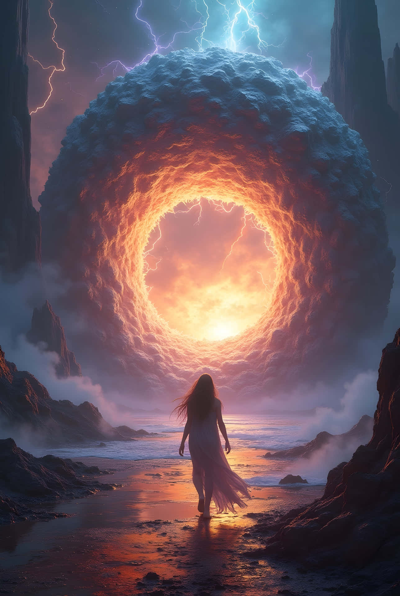 Cloud Ring Gateway 壁紙 — 一個孤獨的身影在暴風雨懸崖和閃電中走向發光的宇宙環形傳送門。