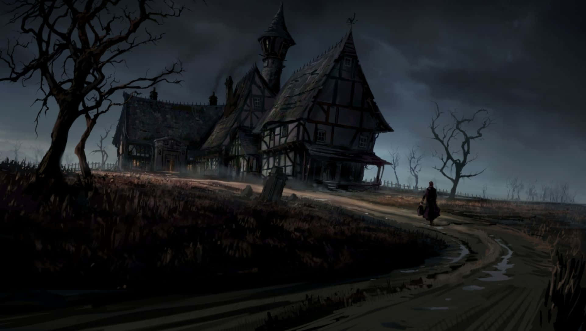 Gothic Aesthetic 桌布 壁紙 — 一個孤獨的身影在暴風雨的夜空下，朝著一間有裸樹的鬼屋式木框架房屋走去。