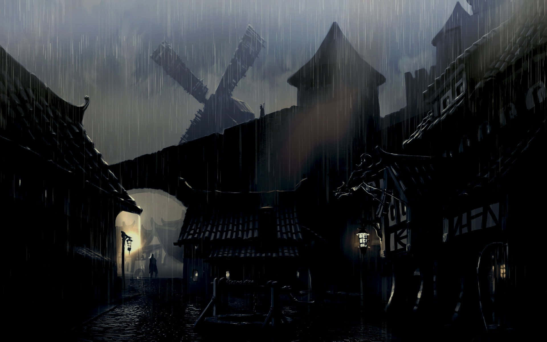 Rain Desktop 桌布 壁紙 — 一個孤獨的身影在暴風雨的天空下，走過黑暗的中世紀村莊中一條被雨水打濕的鵝卵石街道，風車赫然聳立在上方。