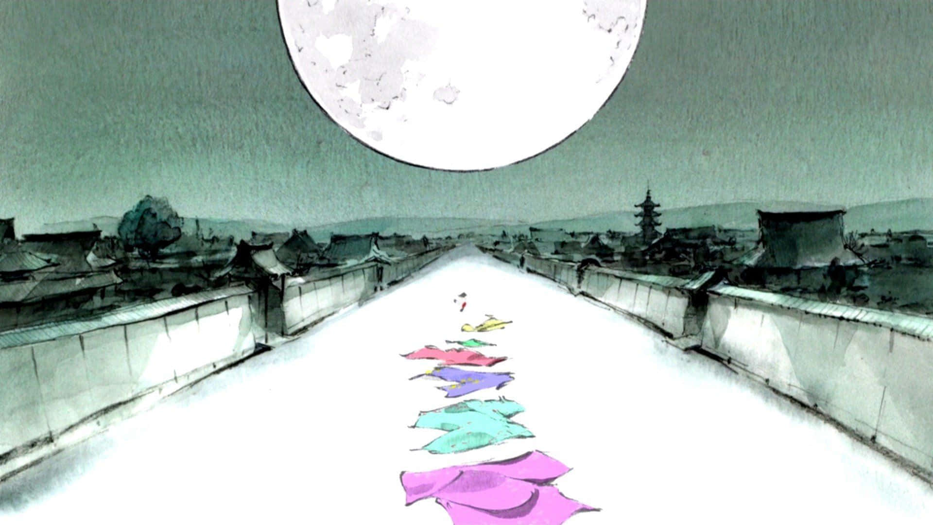 The Tale Of The Princess Kaguya 桌布 壁紙 — 一個孤獨的身影在月光下的橋上行走，頭頂是巨大的滿月，身後拖著色彩繽紛的風箏。