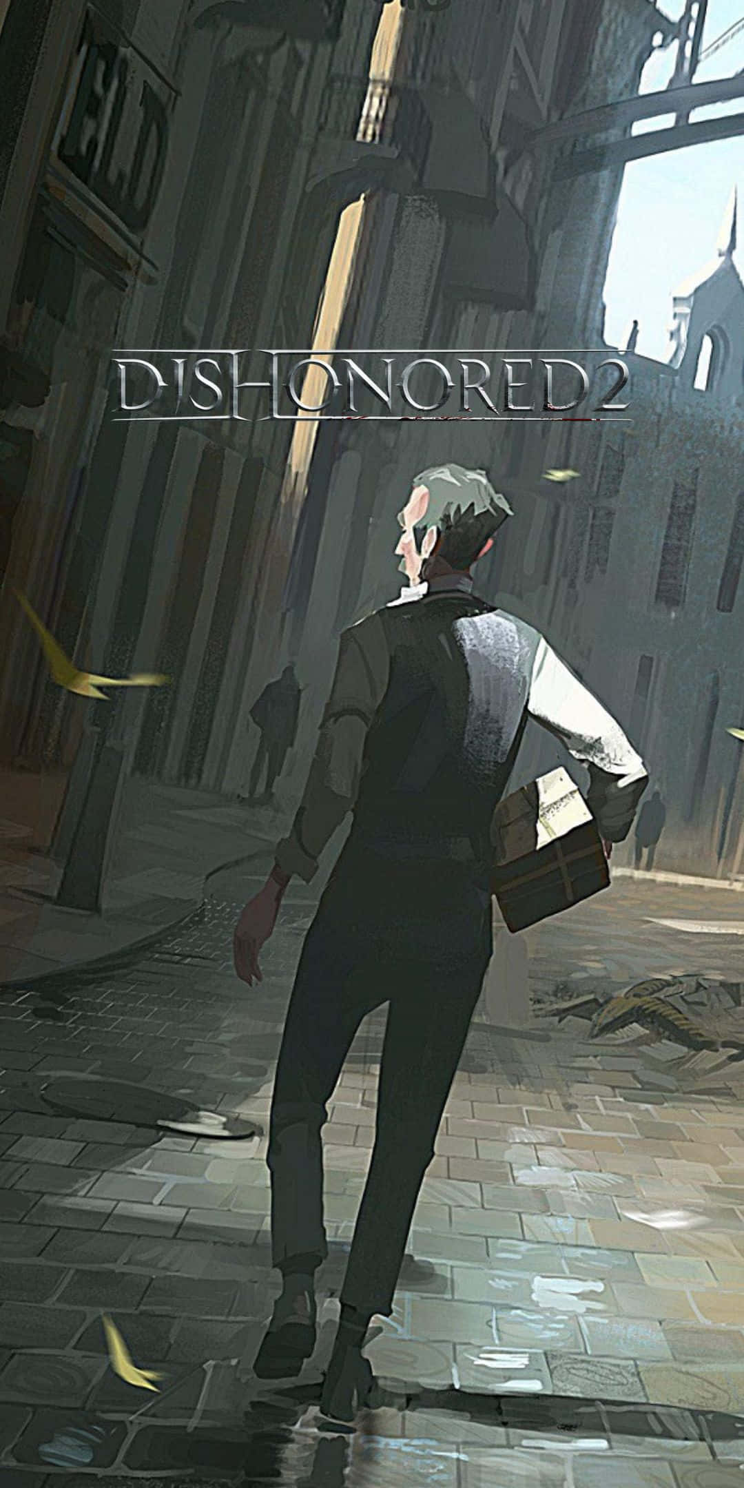 Pixel 3 Dishonored 2 桌布 壁紙 — 一個孤獨的身影在朦朧的天空下，走過哥德式城市景觀中一條狹窄、被雨水打濕的小巷。