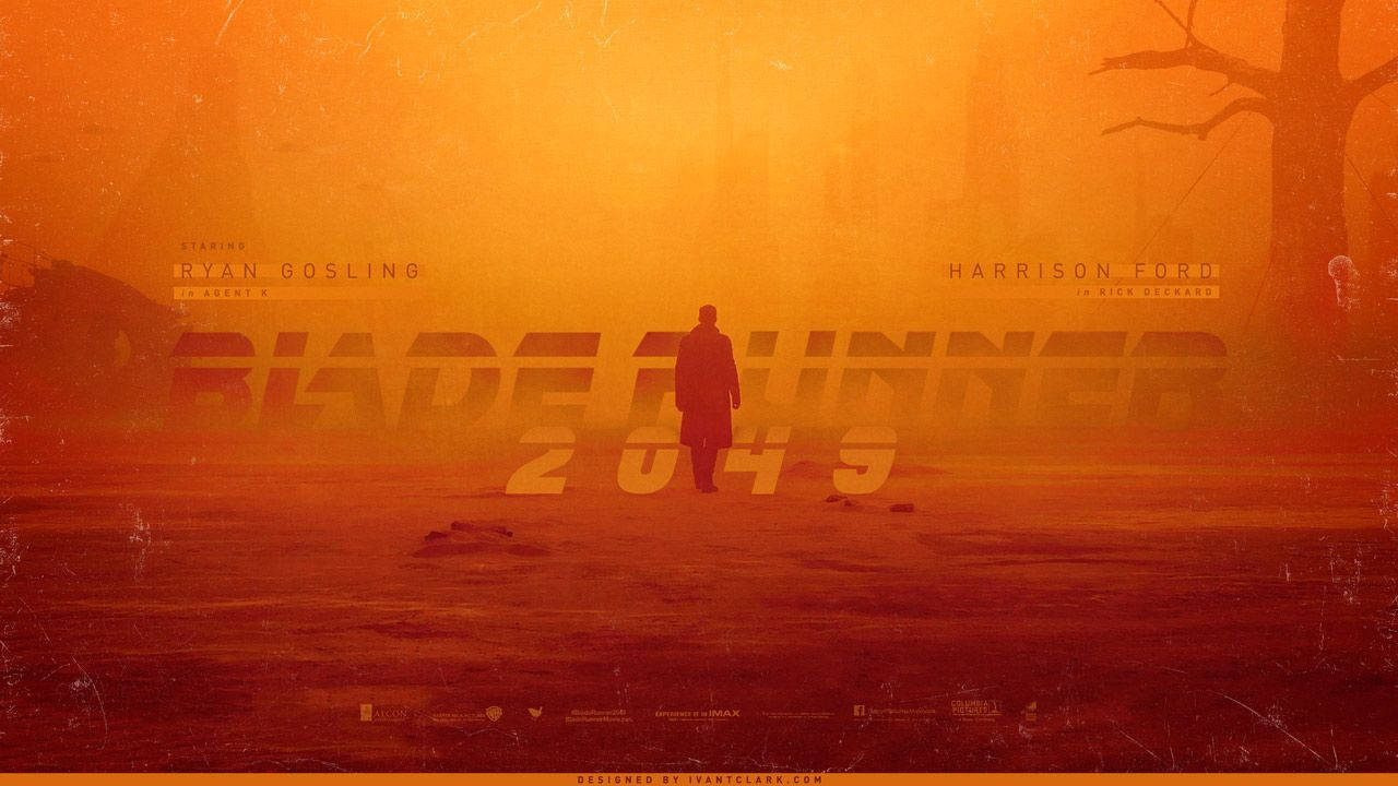 blade 桌布 壁紙 — 一個孤獨的身影在朦朧的橙色反烏托邦荒原中行走，天空發光，有骷髏般的樹木和電影字幕。