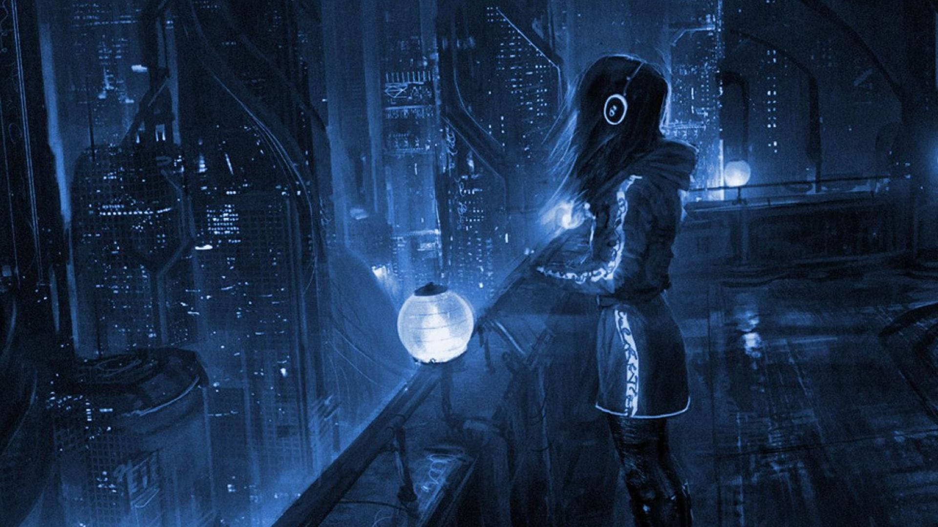 電馭叛客2077 桌布 壁紙 — 一個孤獨的身影在未來城市景觀中，夜晚被發光的藍色燈光照亮，手持球形燈籠。