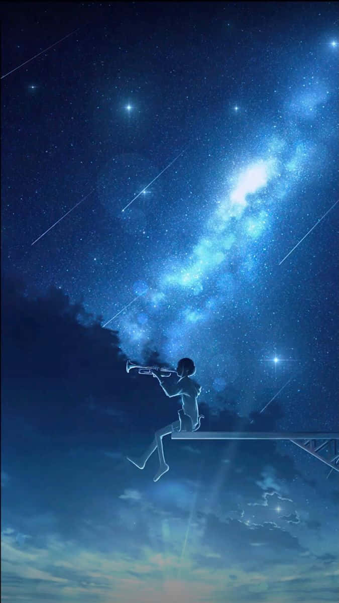 Stars 桌布 壁紙 — 一個孤獨的身影在橋上吹奏小號，背景是充滿活力的藍色星空夜空，有發光的銀河和流星。