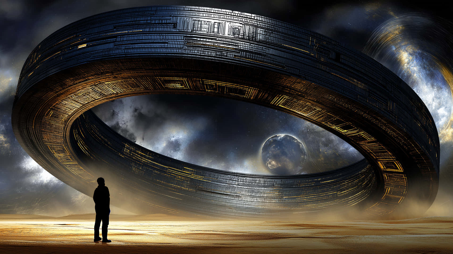 Observer Before Colossal Alien Ring Gate and Distant Planet 壁紙 — 一個孤獨的身影在沙漠上空漂浮的巨大金屬環結構下，在星空和可見行星下敬畏地站立。