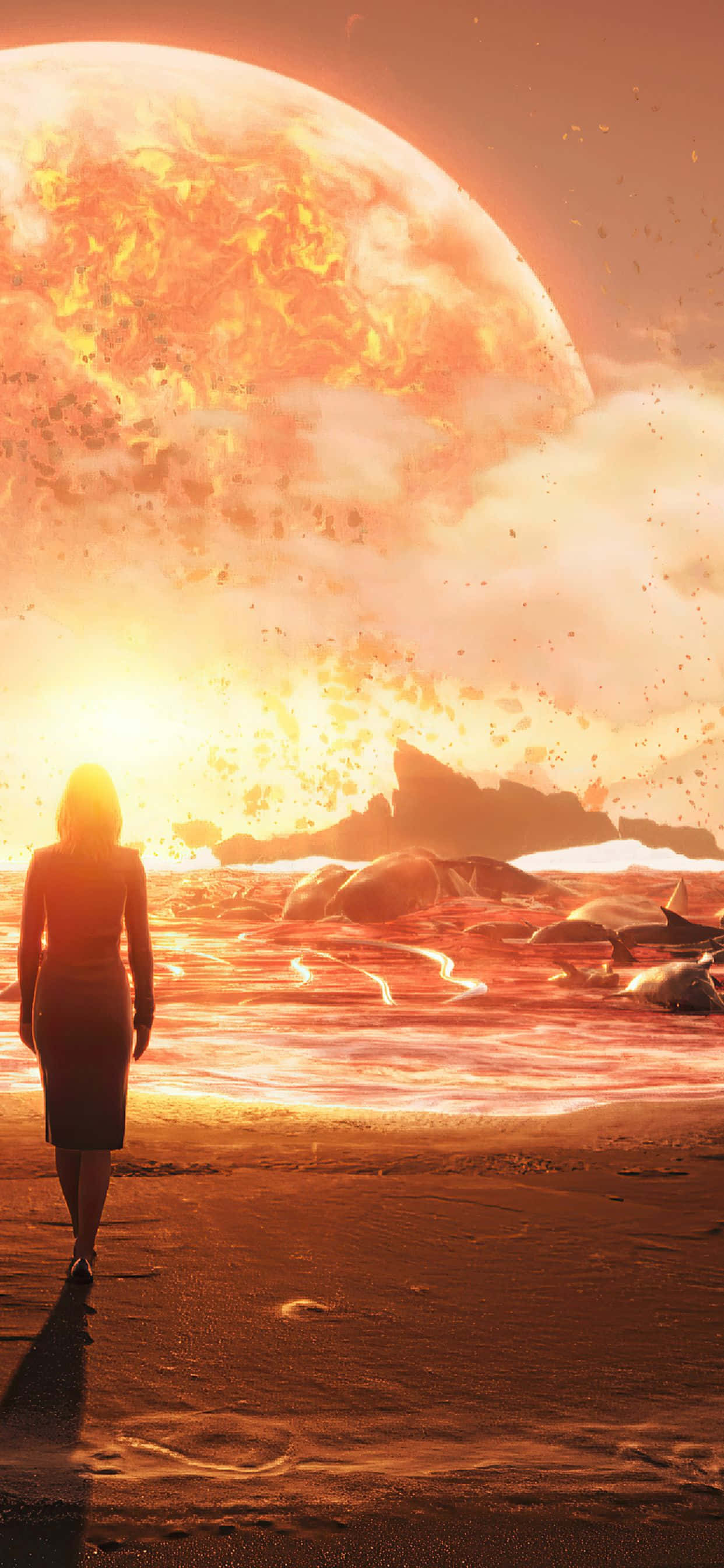 iPhone Xs Max Death Stranding 桌布 壁紙 — 一個孤獨的身影在沙漠海灘上行走，下方是一個巨大的熾熱行星，將橙色光芒投射在外星沙丘上。