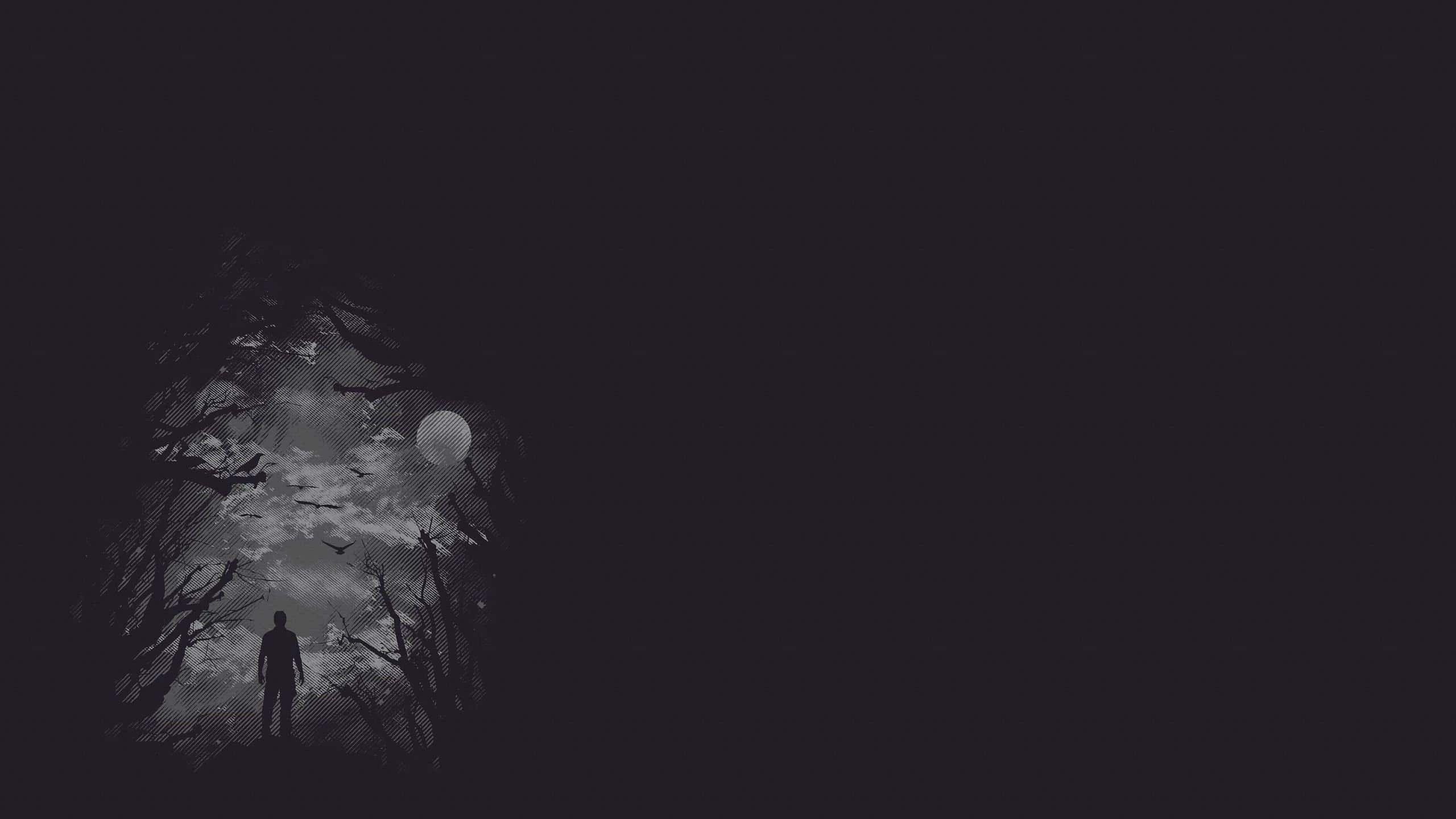 Depressing 桌布 壁紙 — 一個孤獨的身影在滿月下扭曲的樹木間形成剪影，投下詭異的陰影。