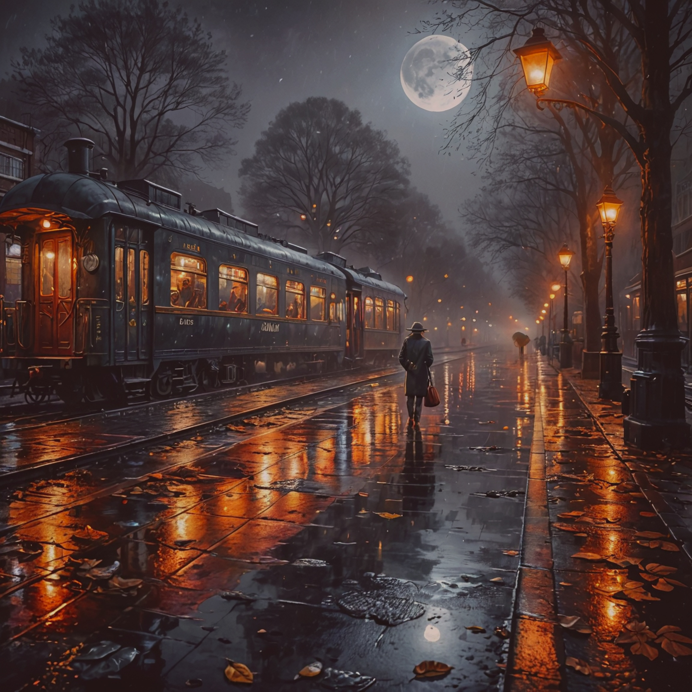 Train Station 桌布 壁紙 — 一個孤獨的身影在滿月下沿著雨濕的街道夜行，旁邊一輛復古火車溫暖地發光。