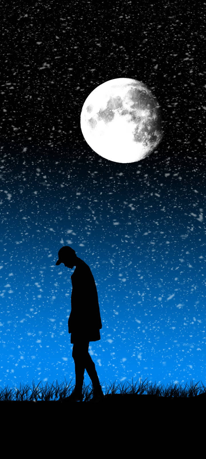 憂鬱少年動漫 桌布 壁紙 — 一個孤獨的身影在滿月下行走，雪花飄落在深藍色的夜空背景下。