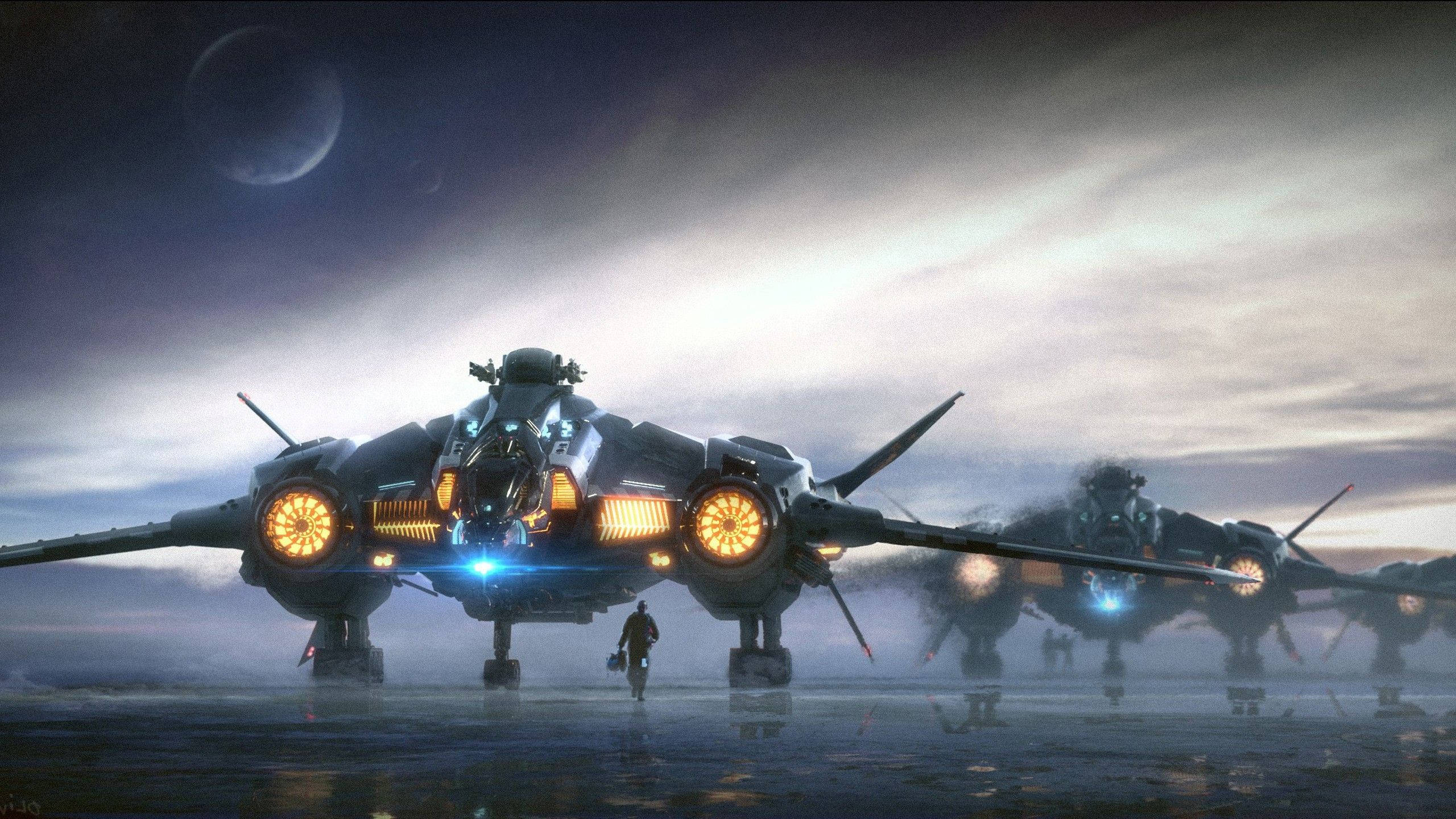 Star Citizen 桌布 壁紙 — 一個孤獨的身影在潮濕的外星跑道上，朝著發光的未來戰鬥機走去，天空中有月亮，暮色蒼茫。