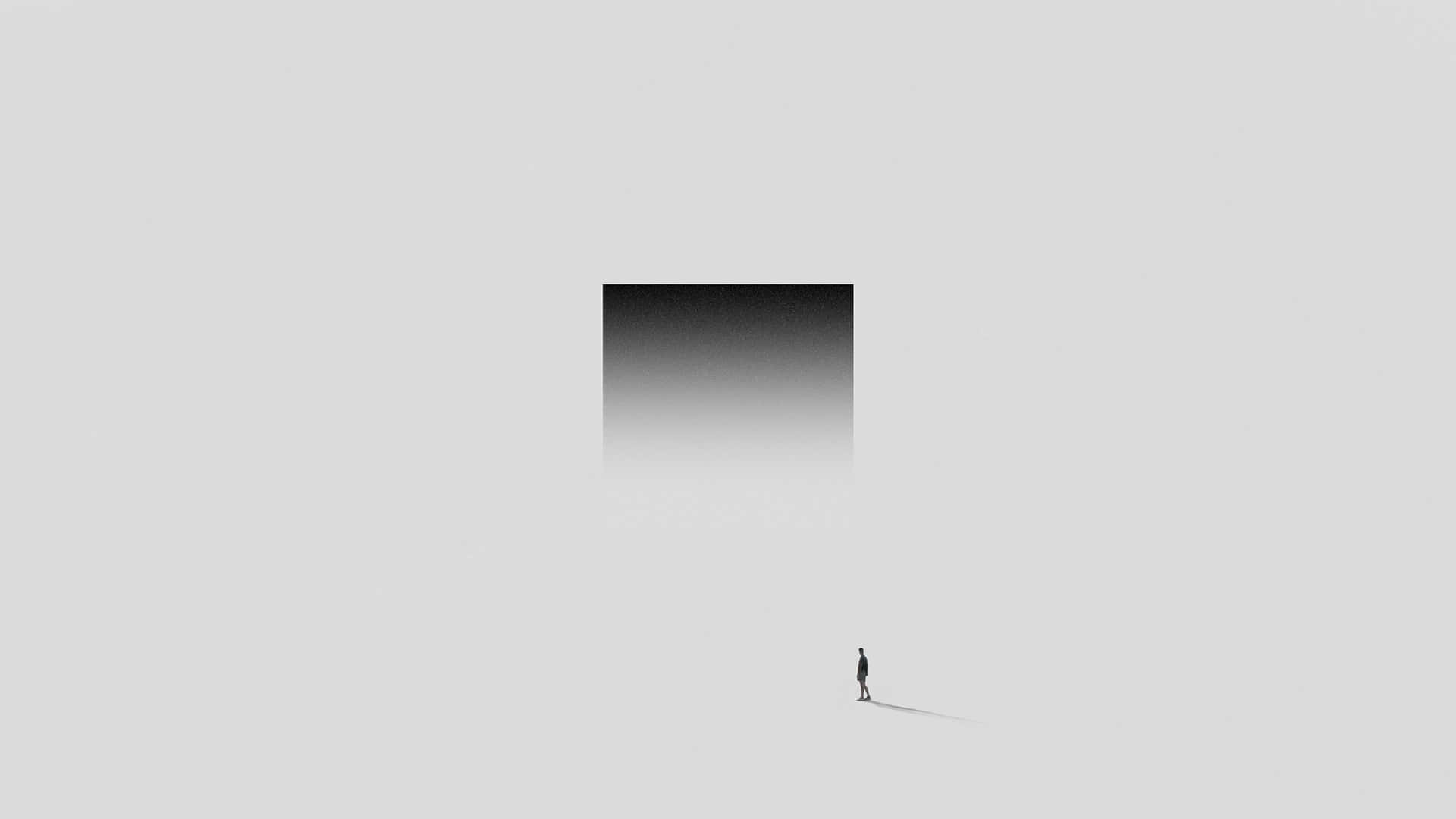 Beautiful Minimalist 桌布 壁紙 — 一個孤獨的身影在無盡的淡灰色虛空中走向一個黑暗的方形傳送門。