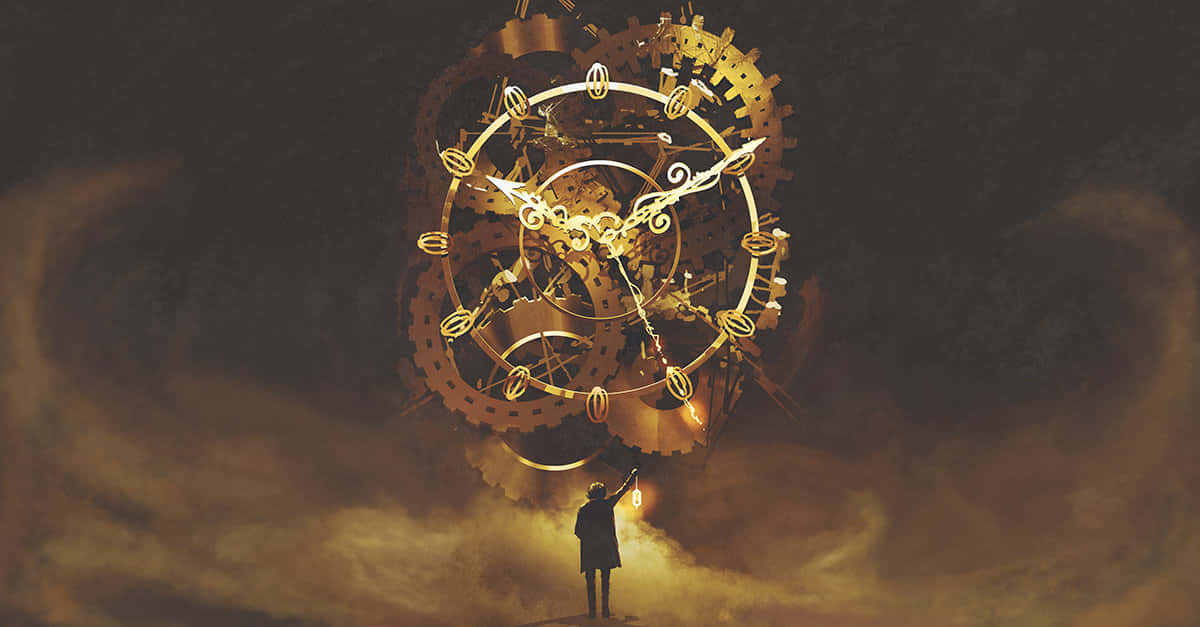 Time Travel 桌布 壁紙 — 一個孤獨的身影在煙霧瀰漫的暮色中，手持燈籠，站在一個巨大的發光金色時鐘齒輪下方。