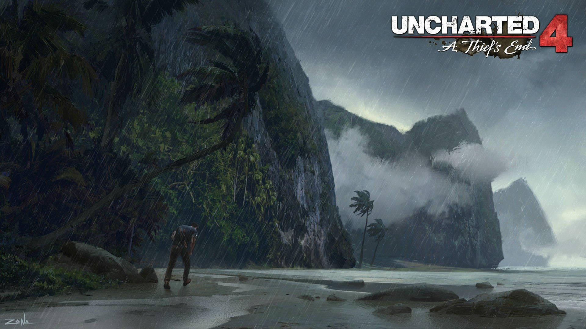 一個人在熱帶海灘上獨自冒雨行走，海灘上有霧氣繚繞的懸崖。 — Ps4 壁紙