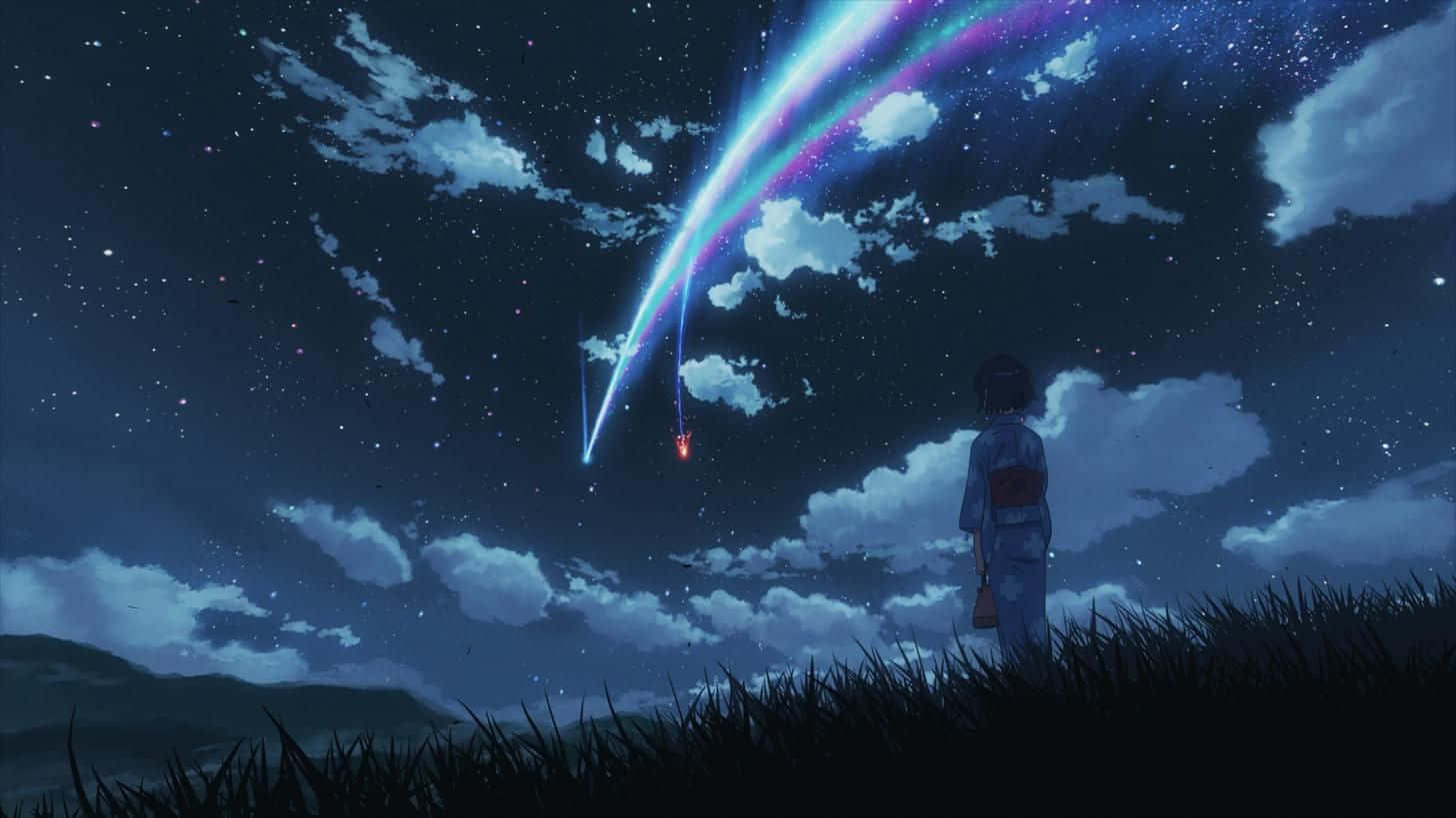 Aesthetic Computer 4K 桌布 壁紙 — 一個孤獨的身影在田野中仰望一顆明亮的流星劃過繁星點點的夜空。