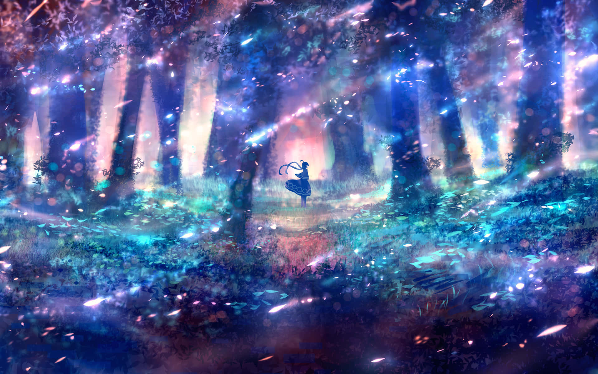 Beautiful Anime 桌布 壁紙 — 一個孤獨的身影在神秘森林中跳舞，沐浴在發光的藍色和紫色光芒中，周圍漂浮著閃爍的粒子。