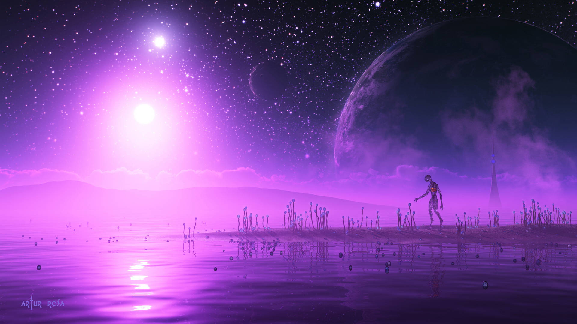 淺粉色調 桌布 壁紙 — 一個孤獨的身影在紫色外星海岸線上行走，星空下有一輪巨大的月亮和發光的太陽。